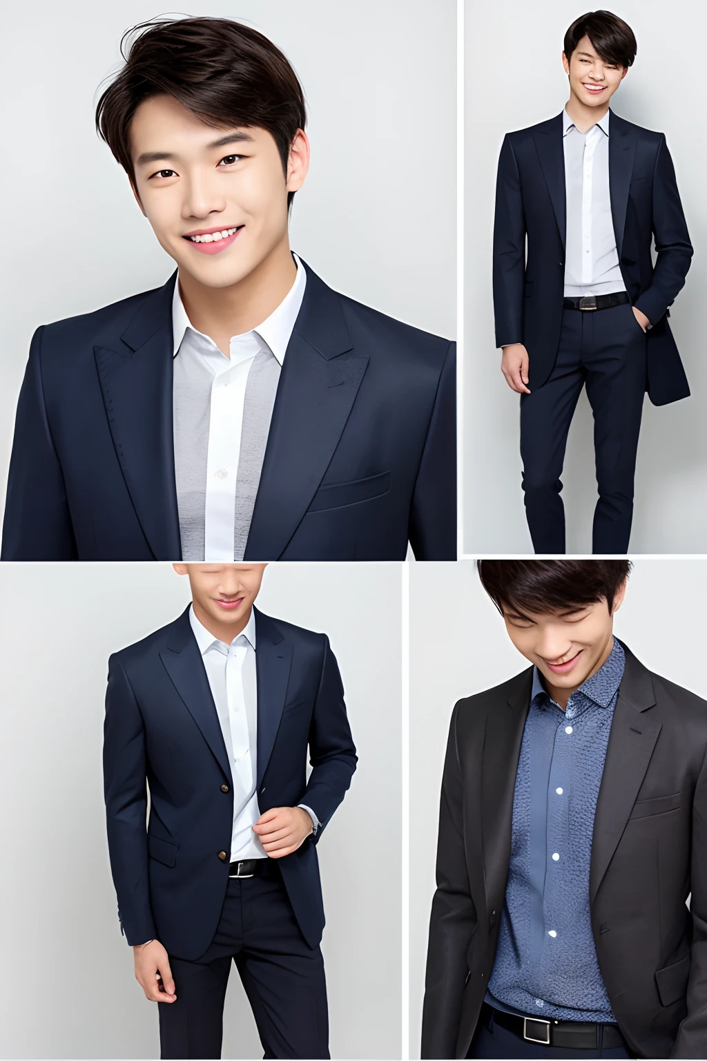 Adult males with Asian characteristics、Standing on a background of muted tones。He has a confident smile on his face.、Wear a navy blue jacket、In his right hand he holds a brown leather folder。His hairstyle is short、It is well arranged、It has a side part。This man is posing in a way that gives a professional and friendly impression.、Aiming for a casual business look。