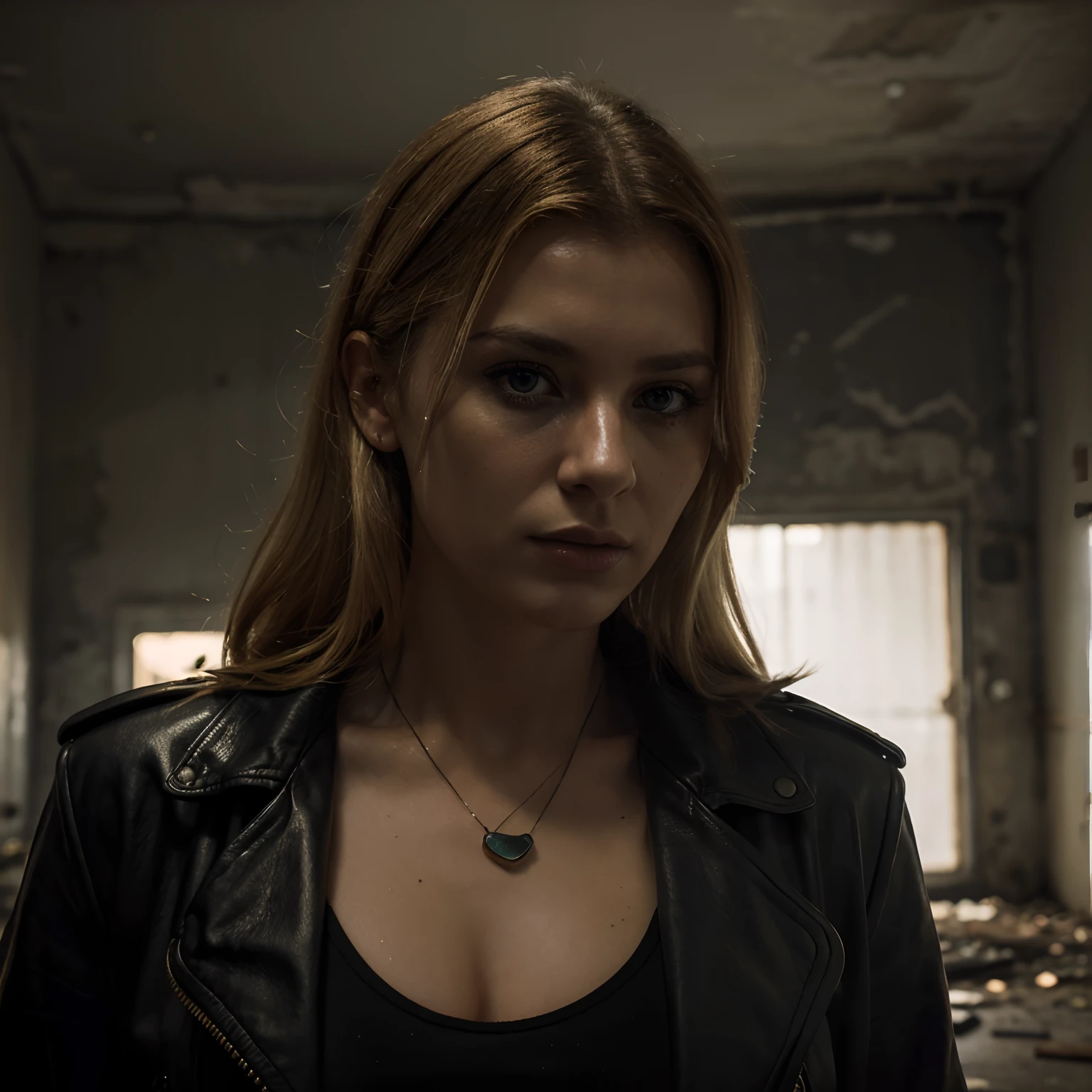 (best quality,highres),(photorealistic:1.37),vintage photography,portrait,1977,crime scene,blonde Yugoslavian detective woman,29 years old,with a yugoslavia police badge,cigarette smoking,detailed facial features,dark ambiance,thin cigarette smoke,hazy atmospheric lighting,dramatic shadows,emotionless expression,worn-out leather jacket,abandoned building,vibrant colors,suspenseful atmosphere,gritty texture