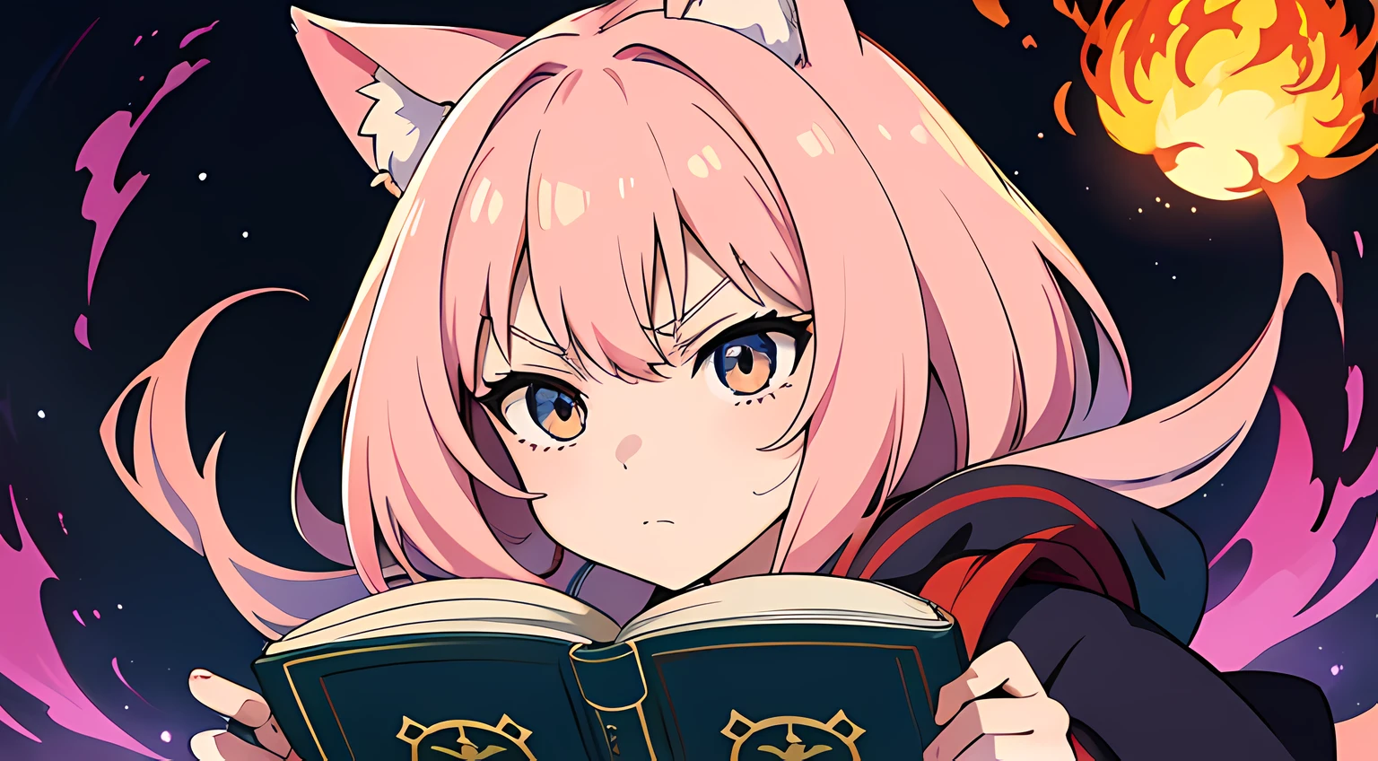 (1 nekomimi girl, without human ears),(beautiful eyes finely detailed, Face to detail, multi colored hair), wearing long dress witch outfit, angry facial expression, reading a magical book, looking at the book, she hold a book with flames coming out from her book, at the library, The background is a swirling flame in Katsushika Hokusai style, ​many magical particle in front of her, masterpiece, top-quality, detailed, High resolution illustration