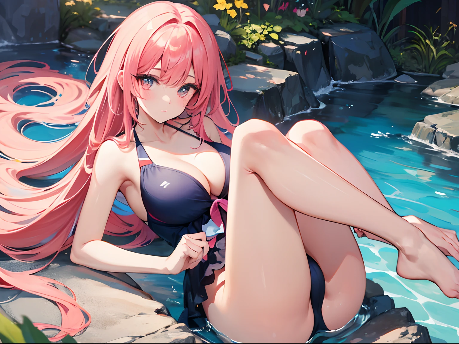 ((Masterpiece, Highest quality)), Detailed face, Beautiful face, full bodyesbian, Full of details, Highly detailed, Depth, Beautiful girl with pink hair,with hair dishevelled,long pink hair,Sick,White pupils,The legs are very thin,The legs are long, blue eyelashes, swimsuit,yellow swimsuit, bikini, seaside, bleach, twilight, Tall and tall,Thin, 8k, ultrarealistik, oficial art,