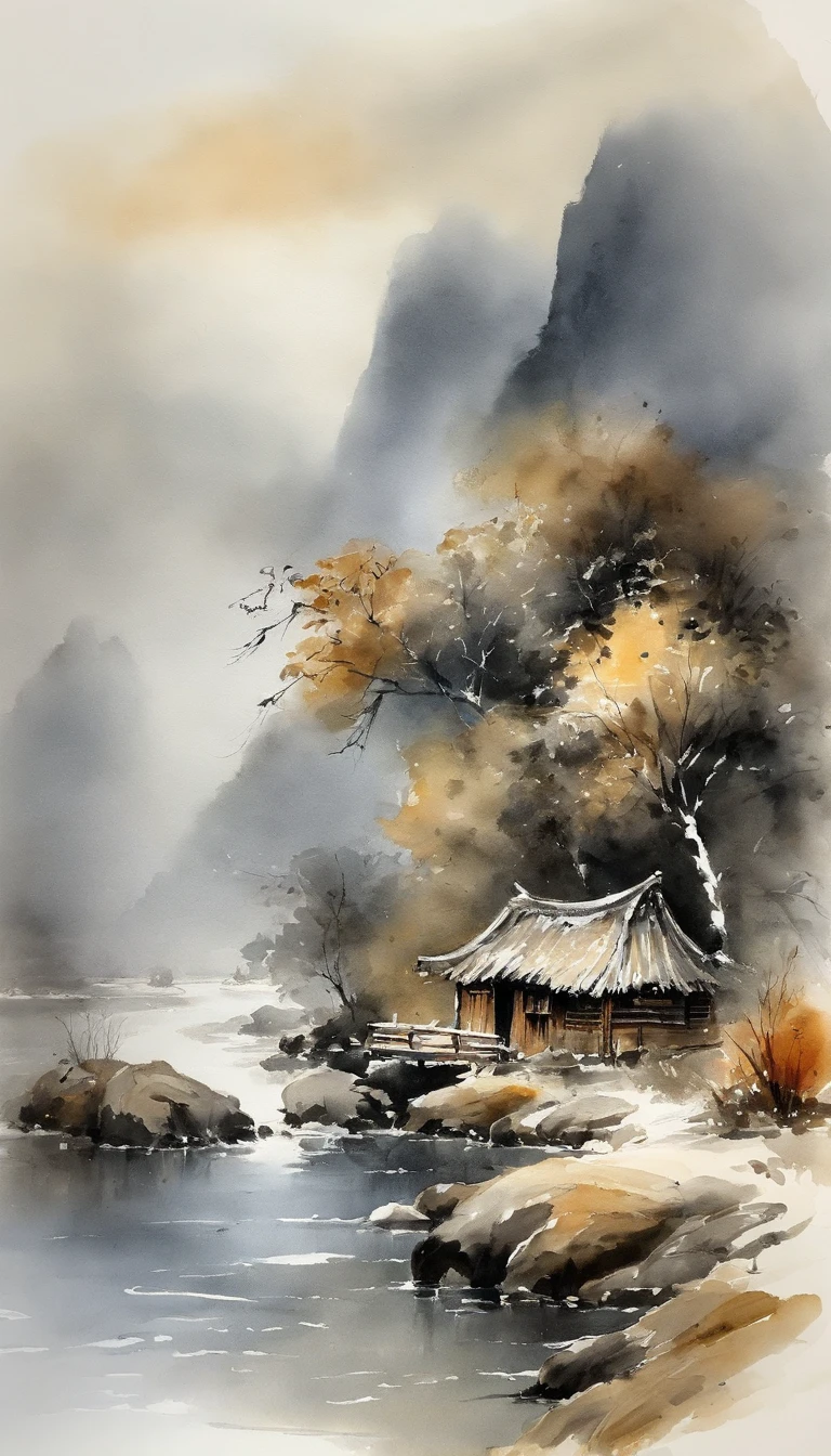 Chinese landscape painting,ink and watercolor painting,water ink,ink,Smudge,Faraway view,Ultra-wide viewing angle,Meticulous,Fishing boat vistas,Meticulous,Smudge,low-saturation,Low contrast,Fishing alone in the cold river snow,snow landscape,Beautifully depicted,A detailed,acurate,Works of masters,tmasterpiece