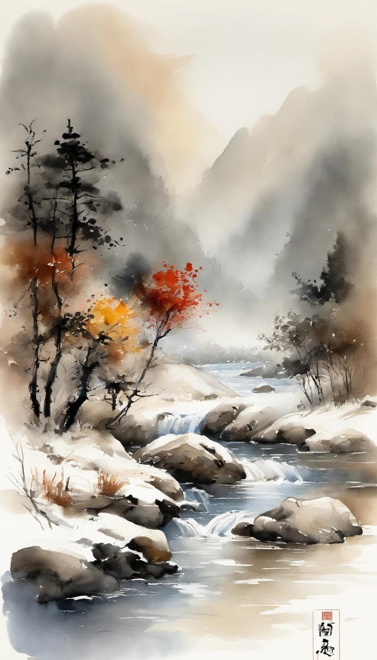 Chinese landscape painting，ink and watercolor painting，water ink，ink，Smudge，Faraway view，Ultra-wide viewing angle，Meticulous，Fishing boat vistas，Meticulous，Smudge，low-saturation，Low contrast，Fishing alone in the cold river snow，snow landscape，Beautifully depicted，A detailed，acurate，Works of masters，tmasterpiece