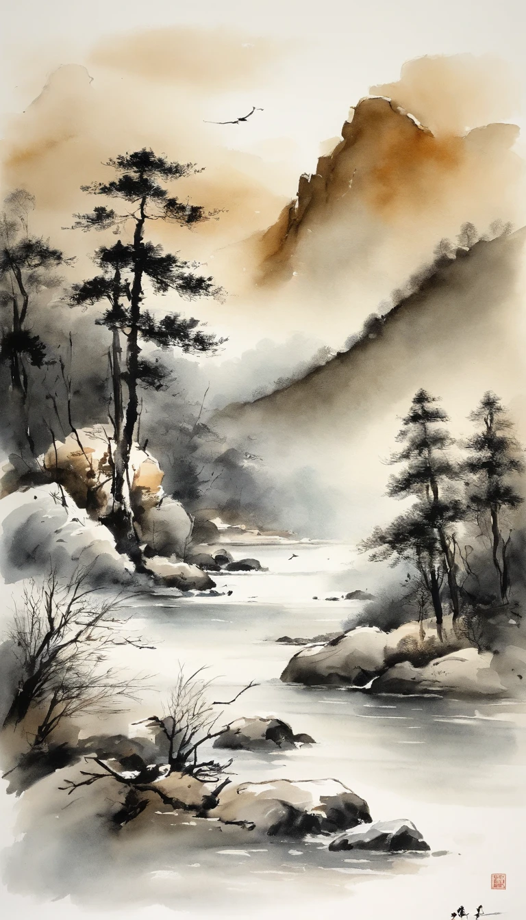 Chinese landscape painting，ink and watercolor painting，water ink，ink，Smudge，Faraway view，Ultra-wide viewing angle，Meticulous，Fishing boat vistas，Meticulous，Smudge，low-saturation，Low contrast，Fishing alone in the cold river snow，snow landscape，Beautifully depicted，A detailed，acurate，Works of masters，tmasterpiece