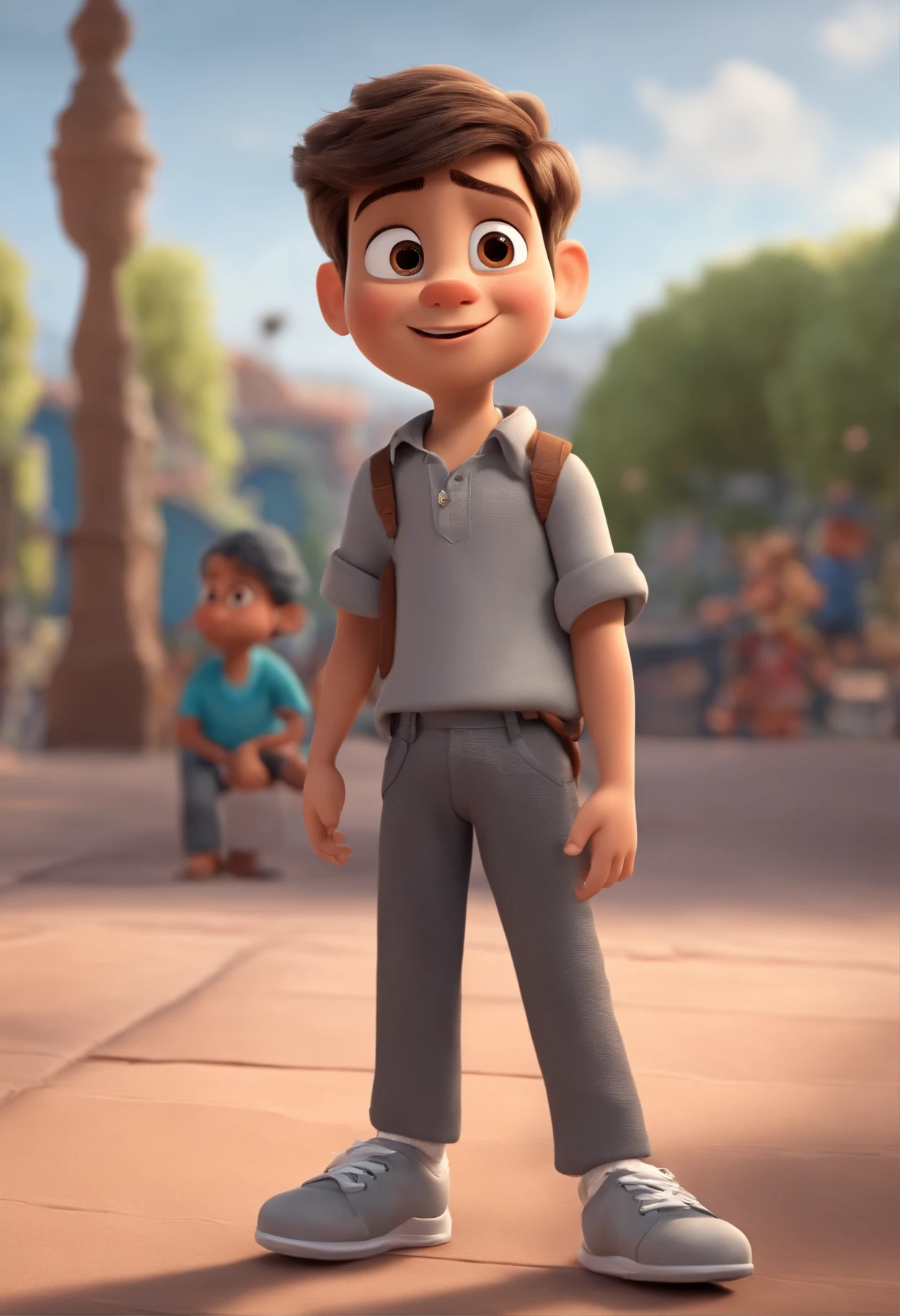 Image of a boy in gray shirt and gray pants ,for a story in a YouTube video in Pixar format, He's the  allabester, He's the class leader, He's outgoing, Playful and gets up for a lot of things