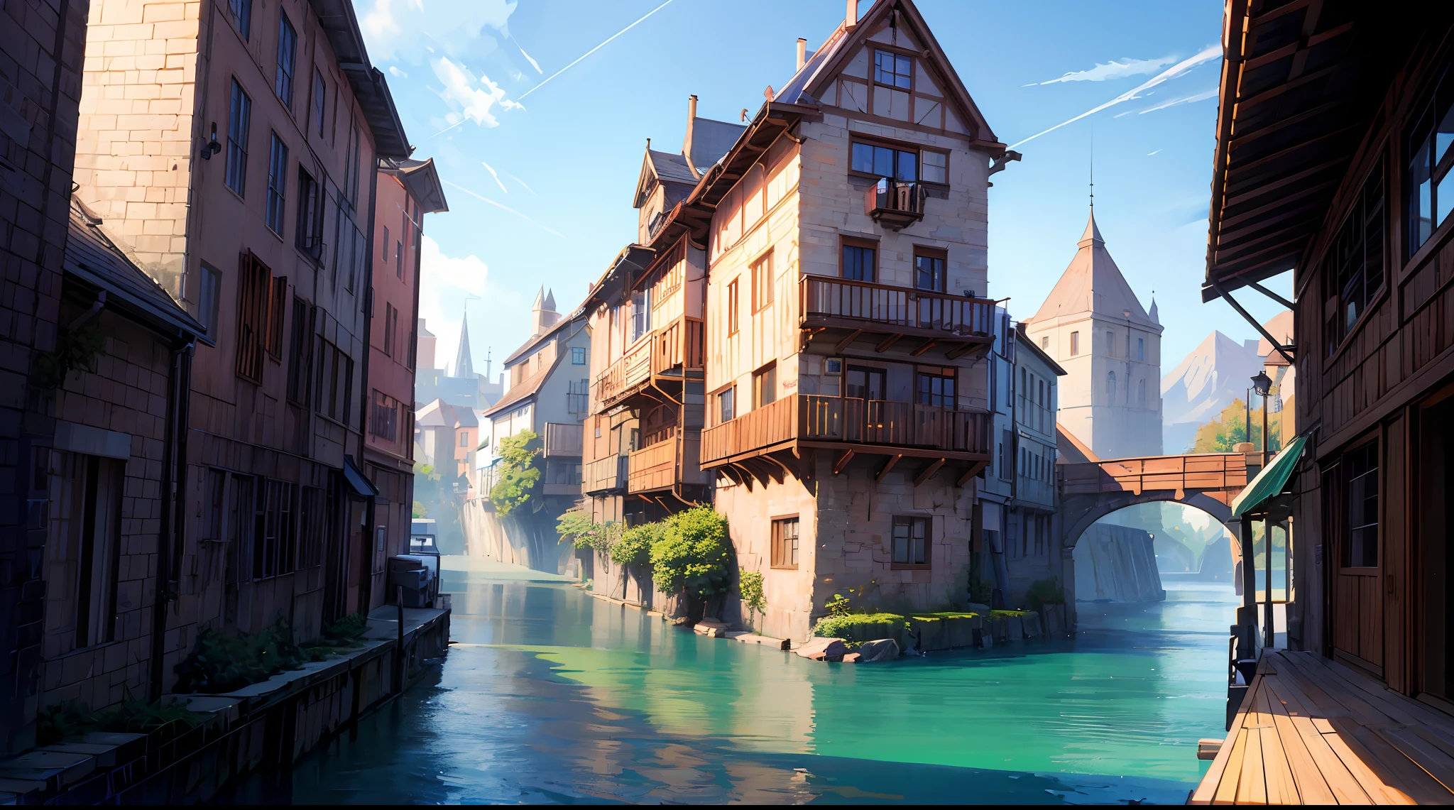 masterpiece, concept art, a painting of a city with a river running through it, by Tyler Edlin, trending on Artstation, peaked wooden roofs, screenshot from a 2012s anime, imaginefx : : hyperrealism, houses on stilts, joongwon jeong, widescreen shot, james jean marc simonetti, dribbble, docks, furry fantasy art, pseudo - medieval fantasy