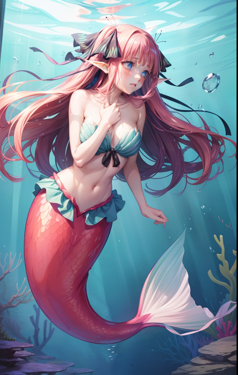A beautiful girl, underwater, crystal clear waters, mermaid woman, flowing hair, delicate face, wet skin, pronounced feminine features, bust, fair skin, swimming, full body visible, smooth face, scaly arms, scaly neck, elf ears, body in the frame pink shorts hair, ribbon hair, nakano nino, nn1, 1girl