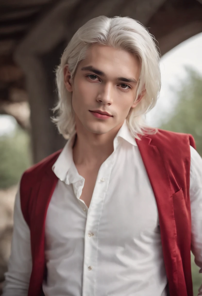 Best quality, masterpiece, ultra high res, (photorealistic:1.4), raw photo, upper body, portrait, a beautiful young man, solo, white hair, long hair, red suit, soft lighting