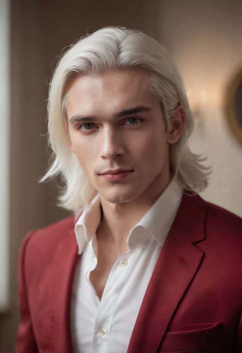 Best quality, masterpiece, ultra high res, (photorealistic:1.4), raw photo, upper body, portrait, a beautiful young man, solo, white hair, long hair, red suit, soft lighting