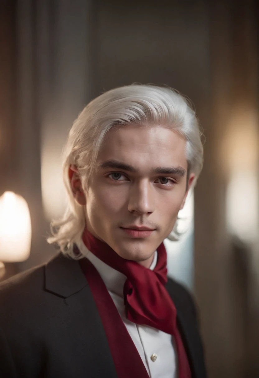 Best quality, masterpiece, ultra high res, (photorealistic:1.4), raw photo, upper body, portrait, a beautiful young man, solo, white hair, long hair, red suit, soft lighting