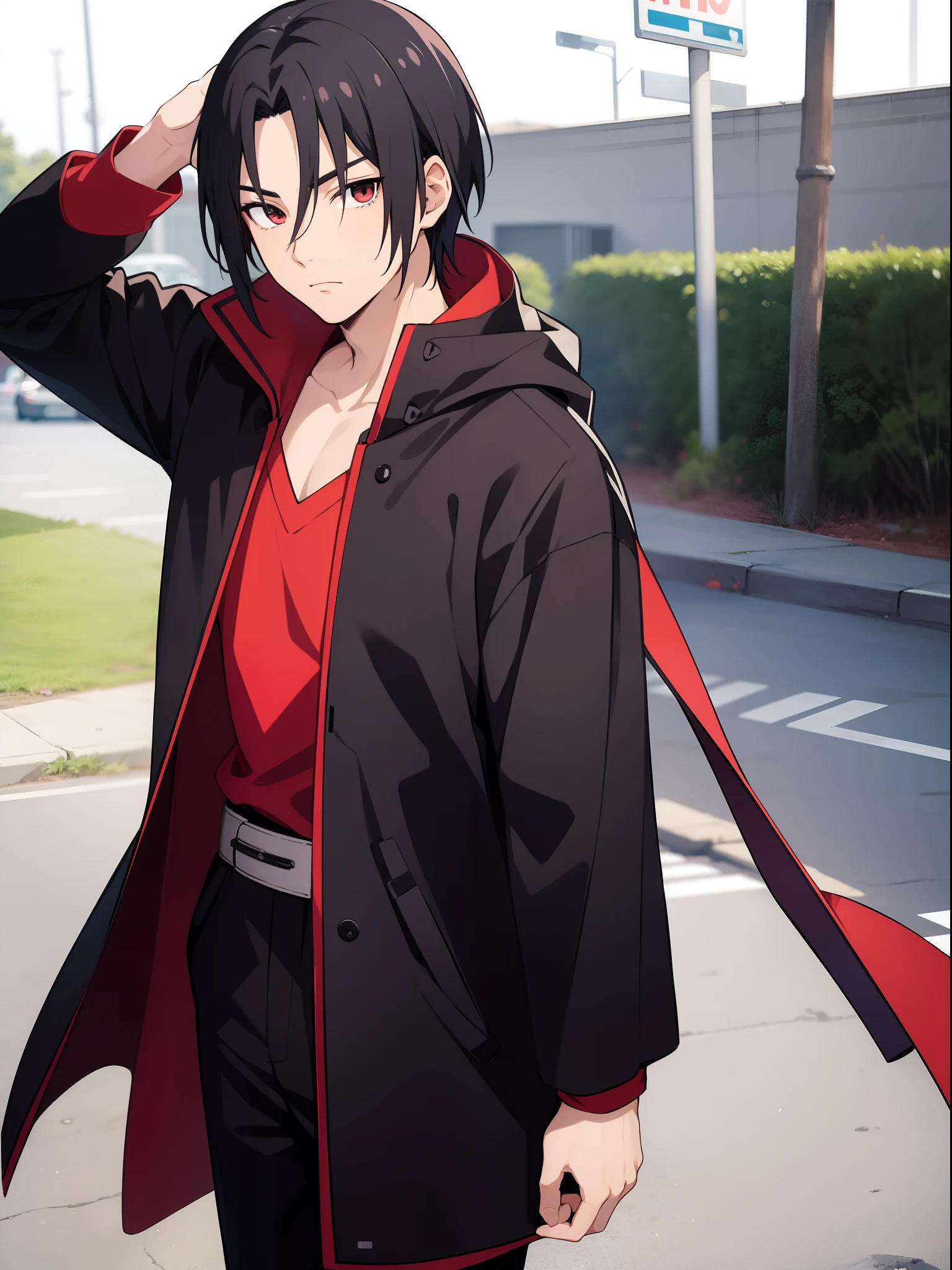 1male, Itachi Uchiha, black short hair, anime male, wearing a long sleeve black coat, Kishimoto, Japanese anime style