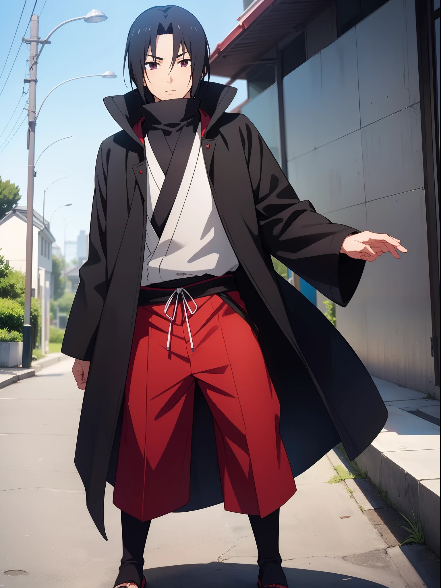 1male, Itachi Uchiha, black short hair, anime male, wearing a long sleeve black coat, Kishimoto, Japanese anime style