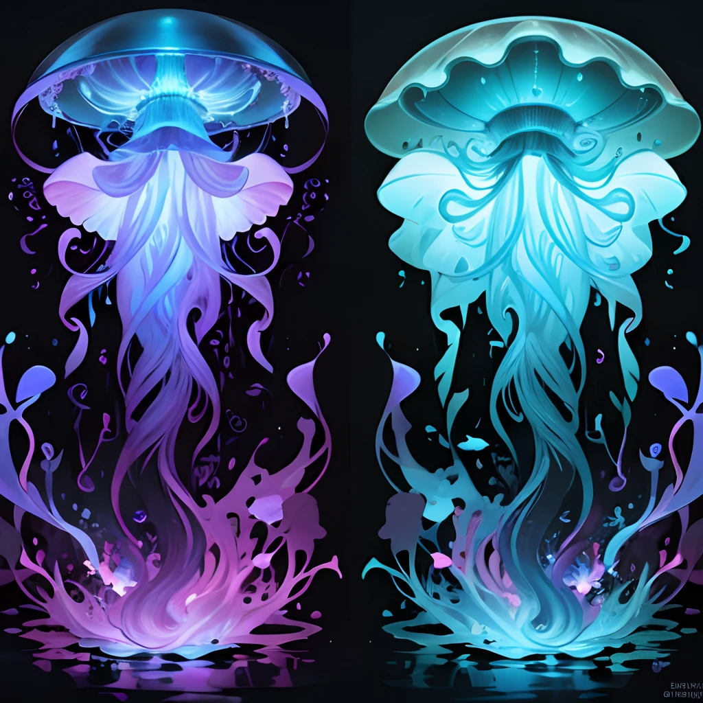 Jellyfish,poster,concept design,best quality,masterpiece:1.2,ultra-detailed,realistic,photography,vivid colors,portrait lighting,underwater,bioluminescent tendrils,surreal composition,evocative mood,ethereal beauty,translucent,graceful movement,soft glow,reflection,deep-sea exploration,mesmerizing,contrast,hypnotic,artistic interpretation