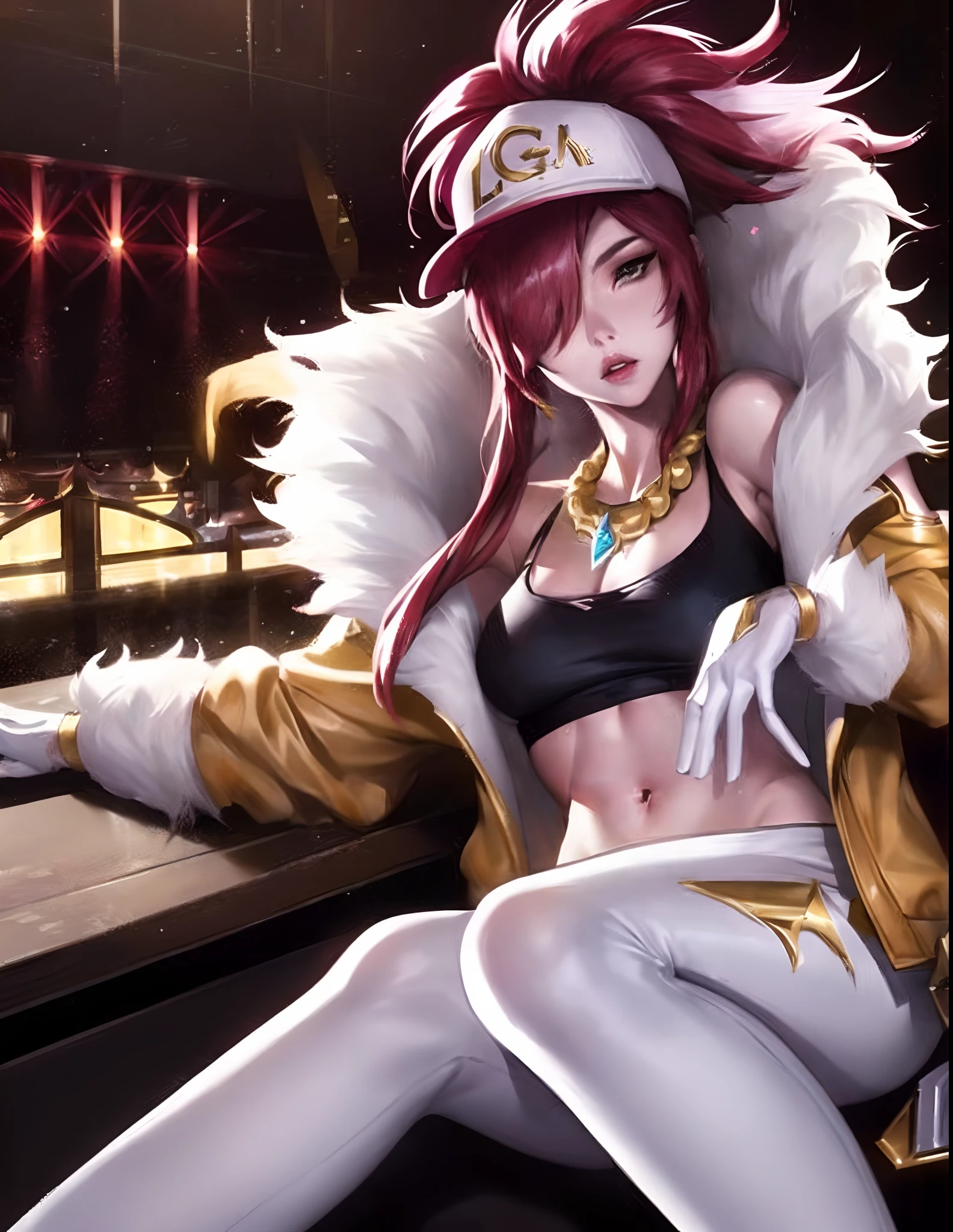 Akali kda prestige, 1girl, solo, long hair, breasts, looking at viewer, jewelry, medium breasts, red hair, necklace, hair over one eye, lips, makeup, white headwear, upper body, epic light, crop top, fur trim, jacket, concert hall, sitting, white gloves, white pants, tight pants, k/da (league of legends)