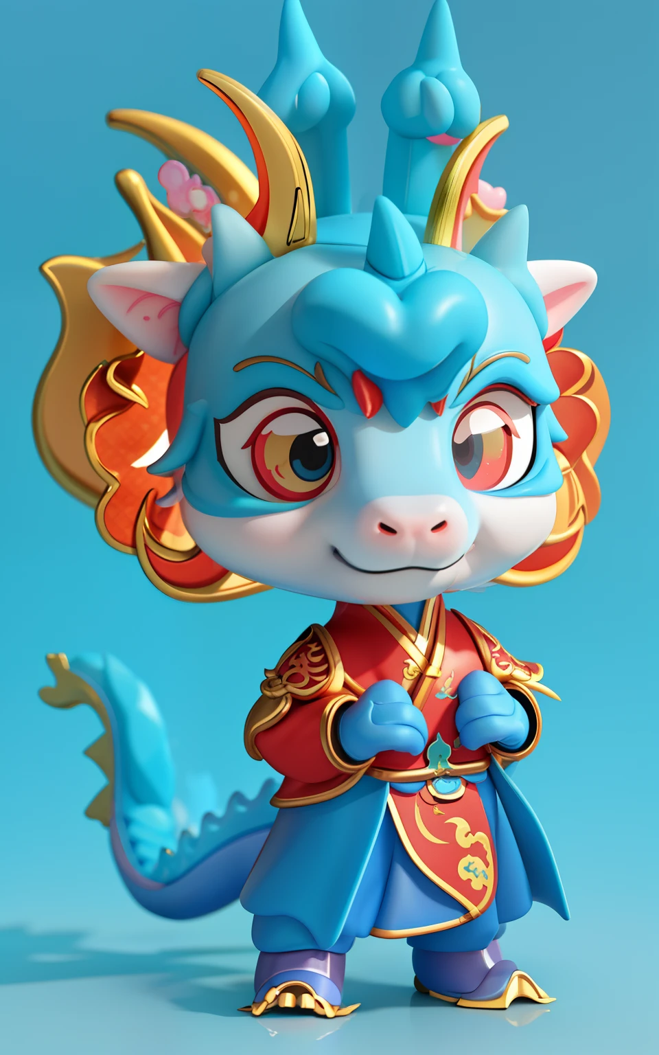 cyan chinese dragon fantasy, inspired by Park Hua, as an anthropomorphic dragon, smooth chinese dragon, cute little dragon, vinyl toy figurine, art toys collectible figurine, china silk 3d dragon,  3D model of mascot, popular on sketchfab，Ryoma，2.5D，Mascot color，4K，Cute，Horse face，faucet，com mascot，horseshoe，Horse's hands and feet，Dragon's horns，Unicorn
