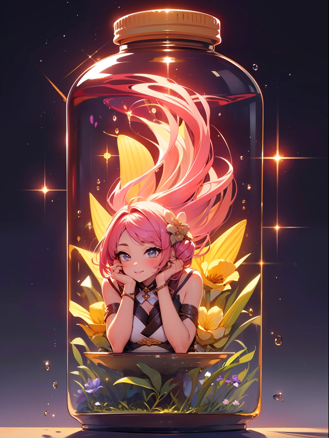 Perfect eyes:1.2, Detailed eyes:1.4, Smile, Air bubble, (masutepiece:1.6, Best Quality), nffsw, /bottles, in container, (finely detailed beautiful eye: 1.2), 1 Chibi Loli Mermaid,girl with, Solo, Big breasts, Purple hair, Pink hair, Two-tone hair, under the water, Floating hair, (((masutepiece))),(((Best Quality))),(((Extremely detailed))), Illustration, Mysterious, Vivid Color, shiny, Full body, Barefoot, Quiet nature with long hair, Koi, under the water, close up, Dynamic Actions, Lens perspective, Sit cross-legged, Volumetric lighting, multi-color eyes, Detailed eyes, Hyper Detailed, lightsmile, Highly detailed, Beautiful, detaile, ultra-detailliert, Best Quality, Convoluted, 4K, 8K, Trending on ArtStation, Good anatomy, Beautiful lighting, Award-winning