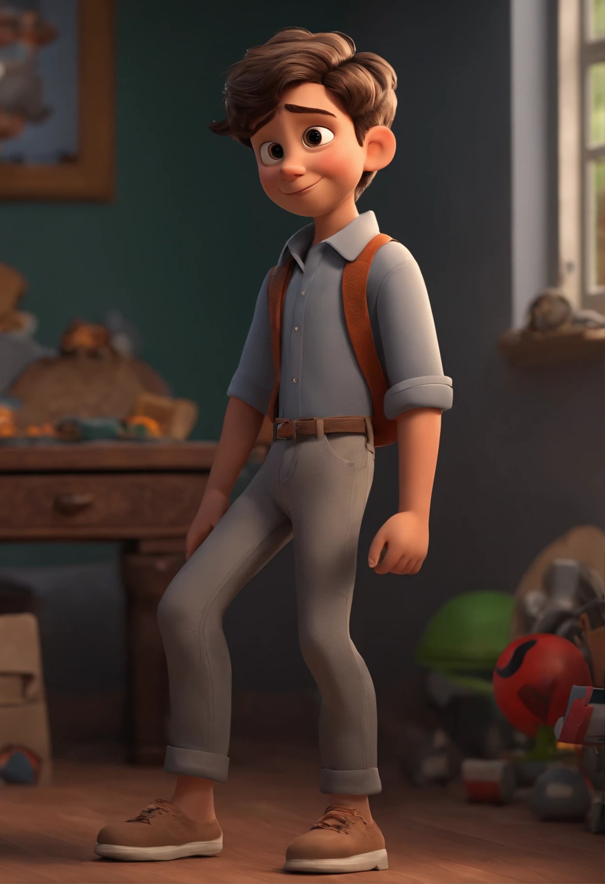 Image of a boy in gray shirt and gray pants ,for a story in a YouTube video in Pixar format, He's the allabester, He's the class leader, He's outgoing, Playful and gets up for a lot of things