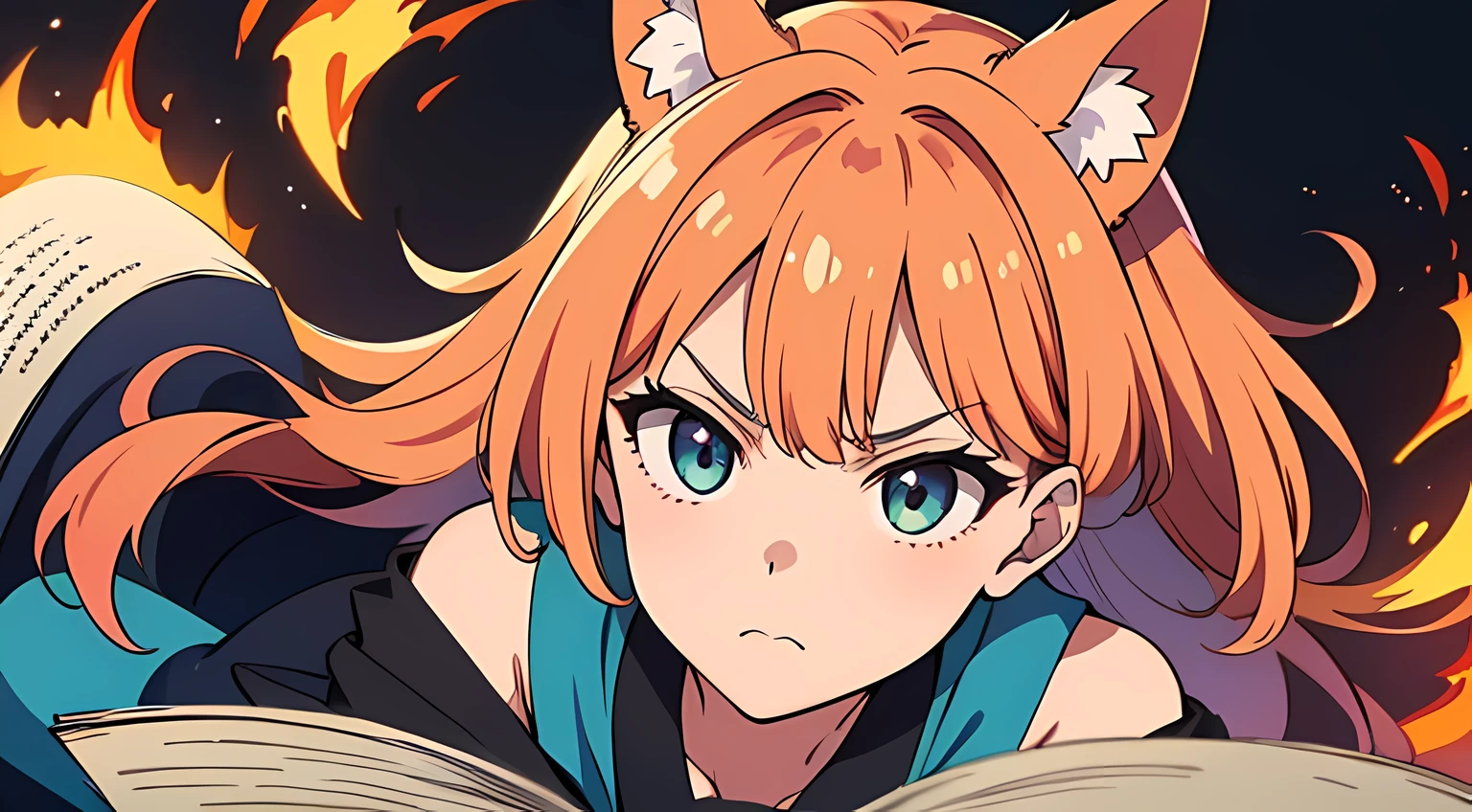 (1 nekomimi girl, without human ears),(beautiful eyes finely detailed, Face to detail, multi colored hair), wearing long dress witch outfit, angry facial expression, holding a magical book, she hold a book with flames coming out from her book while casting a magical magic spell, at the library, The background is a swirling flame in Katsushika Hokusai style, ​many magical particle in front of her, masterpiece, top-quality, detailed, High resolution illustration