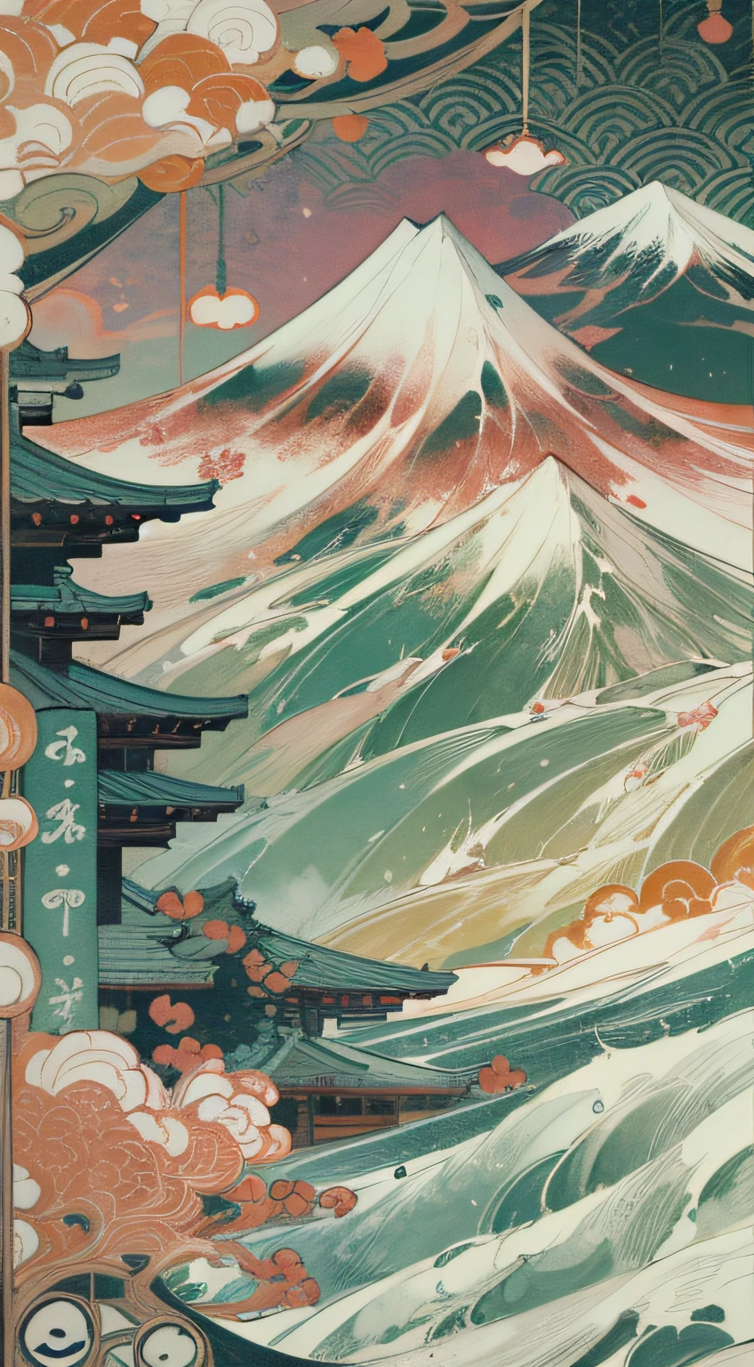 Close-up of a stamp with a snow-capped mountain， Inspired by Nomi's poster art， behance contest winner， Ukiyo-e， Japanese inspired poster， japan poster， oriental art nouveau， victo ngai style， （ （ victo ngai ） ）， illustrated poster， illustration！， artwork in style of sheng lam