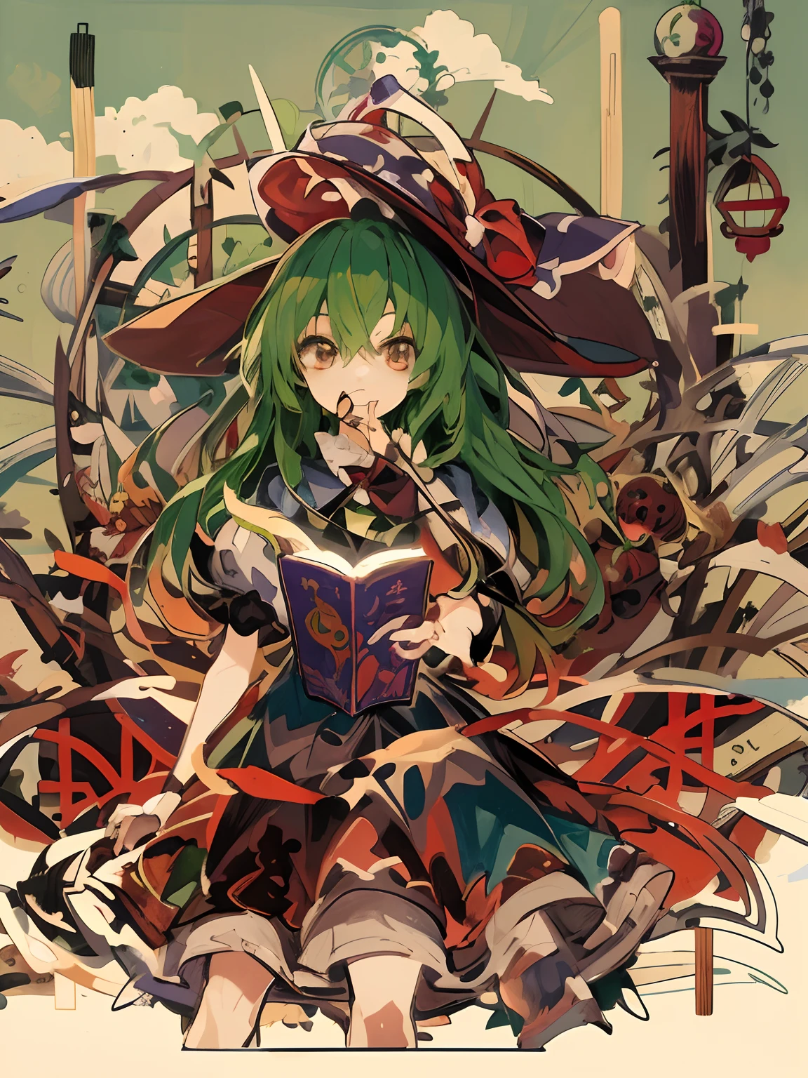 chica anime con el pelo verde y un sombrero sosteniendo un libro, Chica bruja mecanizada, Chica alquimista, Bruja brillante, Ilustraciones oficiales, Obra de arte oficial del proyecto Touhou, Desde Touhou, Desear, Chica bruja, Portada de novela ligera, Proyecto Touhou, /!\ La hechicera, Personaje de Touhou, coqueto anime bruja casting magia, anime fantasy illustration