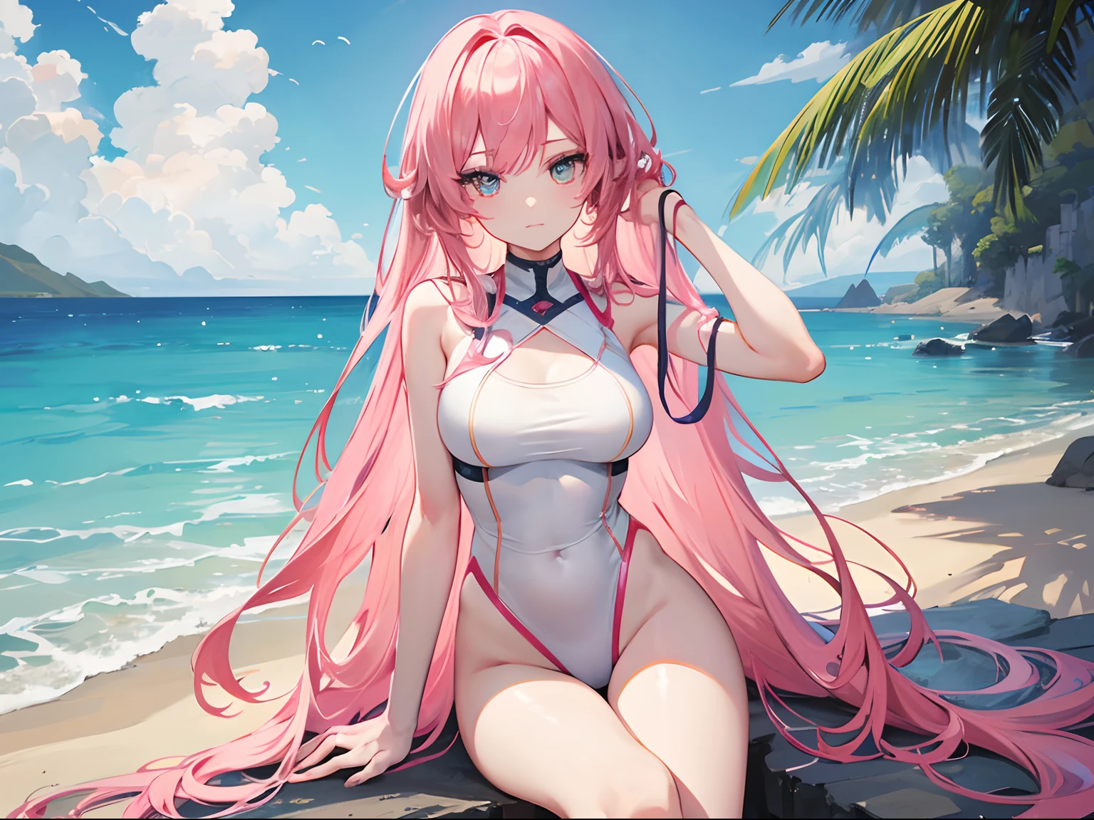 ((Masterpiece, Highest quality)), Detailed face, Beautiful face， full bodyesbian, Full of details, Highly detailed, Depth, Beautiful girl with pink hair，with hair dishevelled，long pink hair，Sick，White pupils，The legs are very thin，The legs are long, blue eyelashes, swimsuit,yellow swimsuit, bikini, seaside, beach, twilight, Tall and tall，Thin, 8k, ultrarealistik, oficial art,