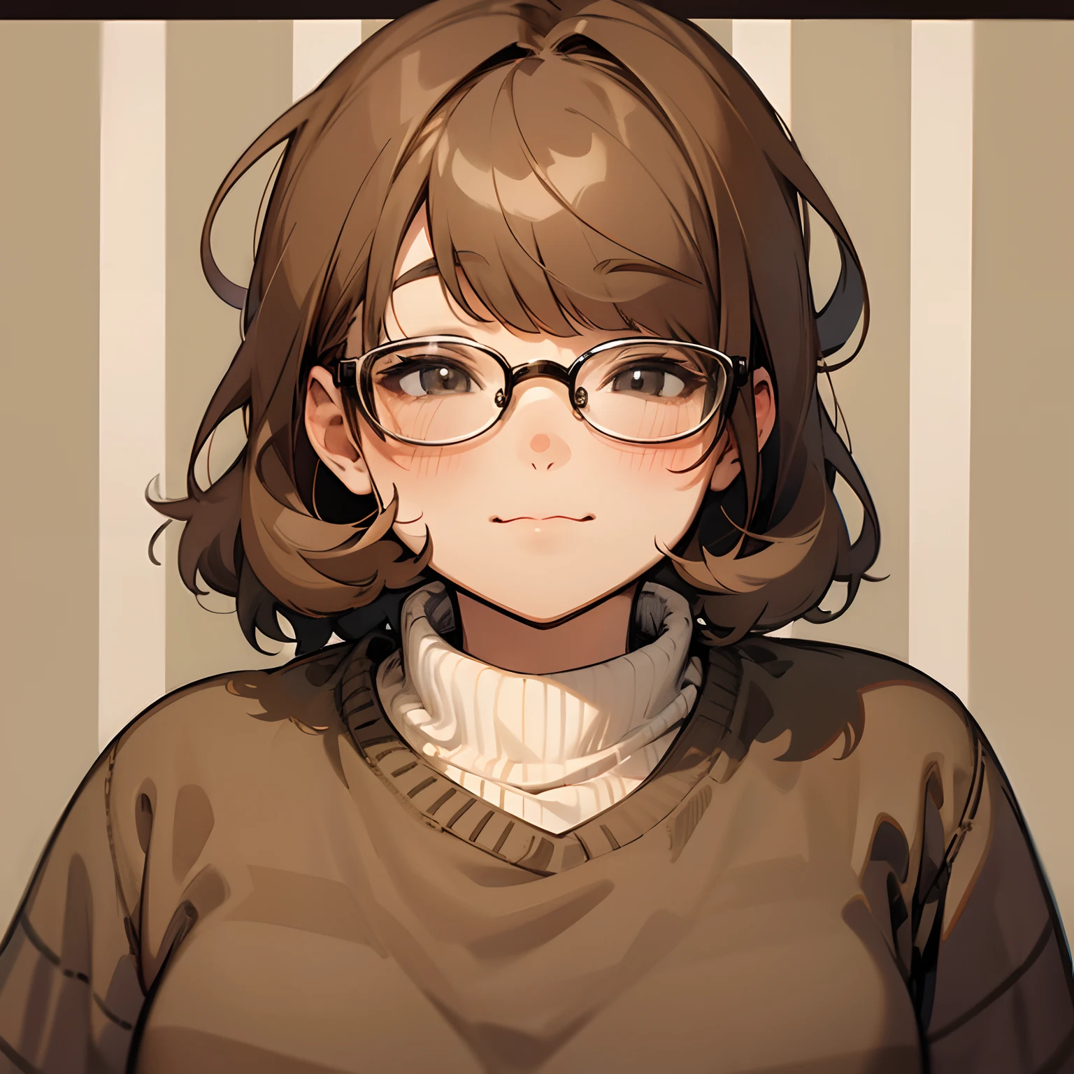 chubby person looking at camera, androgynous features and wearing glasses and a olive and brown striped sweater with a soft smile on their face
