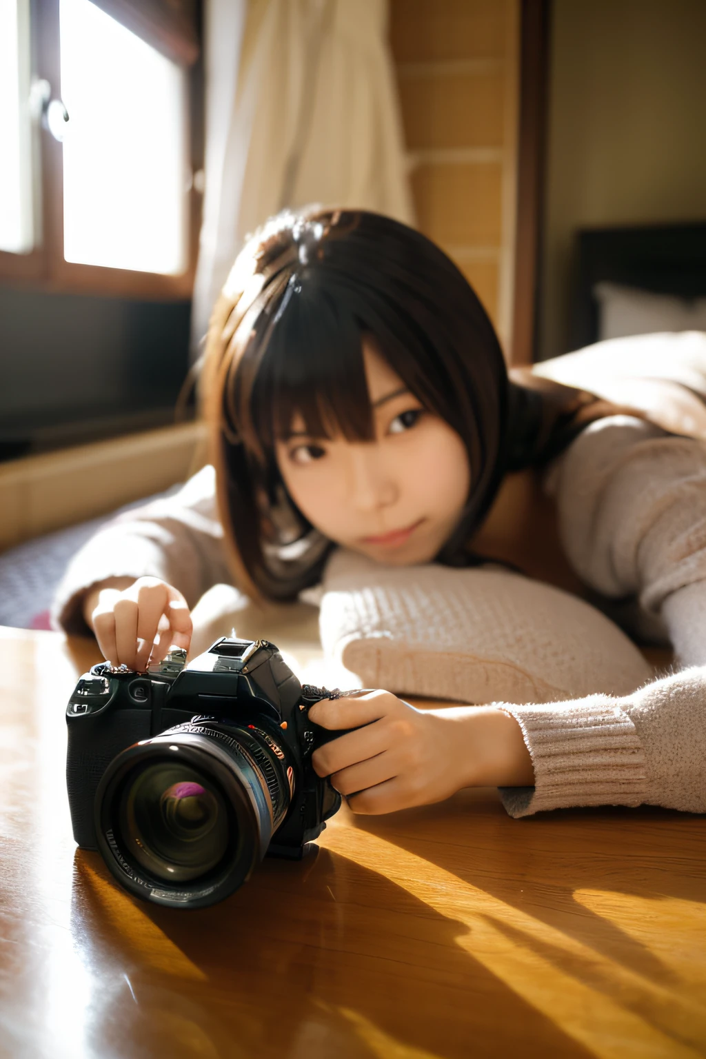 (Masterpiece), RAW, Photorealistic, A surprisingly beautiful and cute Japanese woman is looking down and operating a single-lens reflex camera, Taste: Real photography, Image quality: Very detailed depiction, complete Anatomy, lighting: frontal lighting,
