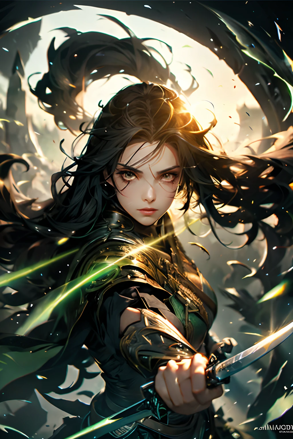 1girl,long hair,sword,illustration,detailed,beautiful eyes,detailed lips,weapon shining in the sunlight,battlefield,adventure,dark fantasy,dramatic lighting,vibrant colors,sharp focus,highres,bokeh.