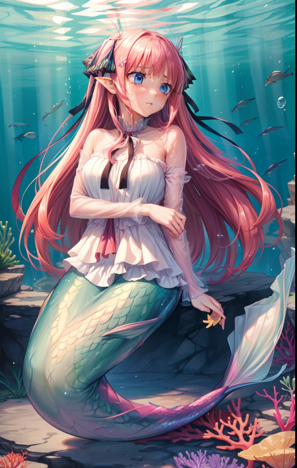 A beautiful girl, underwater, crystal clear waters, mermaid woman, flowing hair, delicate face, wet skin, pronounced feminine features, bust, fair skin, swimming, full body visible, smooth face, scaly arms, scaly neck, elf ears, body in the frame pink shorts hair, ribbon hair, nakano nino, nn1, 1girl