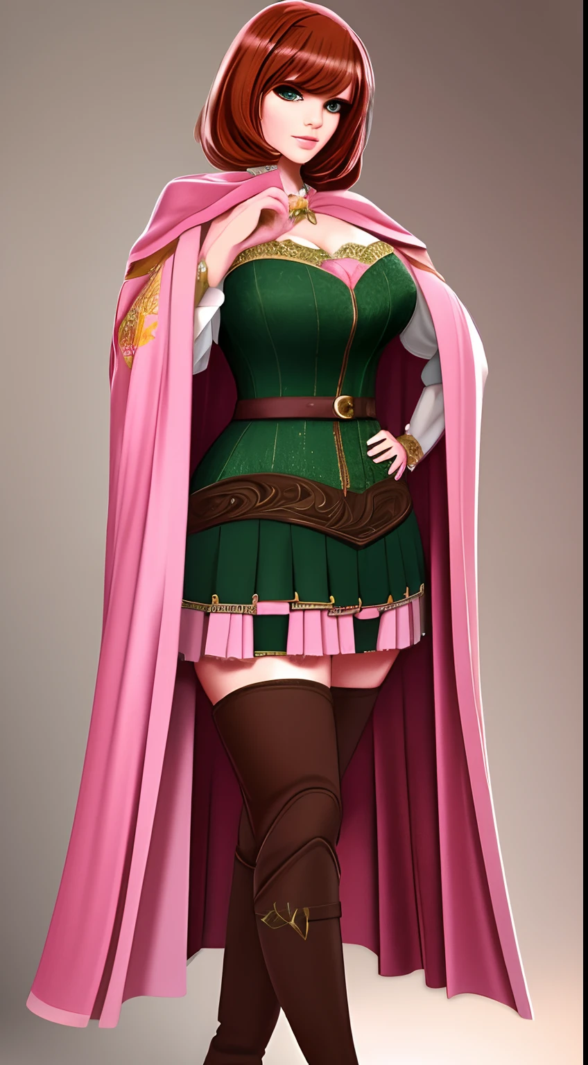 beautiful, masterpiece, best quality, high-res, 8k, 1girl, perfect delicate face, ultra-detailed forest background, fine handshape, detailed eyes, ultra-detailed full body, looking at the viewer, fair skin, curvy figure, large expressive blood red-colored eyes and round with thick upper lashes and two more extended and more prominent ones on either side and fewer but more individually pronounced lower lashes, short auburn hair with short bangs and the style is bobbed with two long strands framing her face, a determined and gentle look, perpetual pink blush on her cheeks, a green shoulder length cape with gold trim, a black low-cut blouse with pale pink design down the middle and a pink miniskirt with dark toned pink stockings and knee-high brown boots