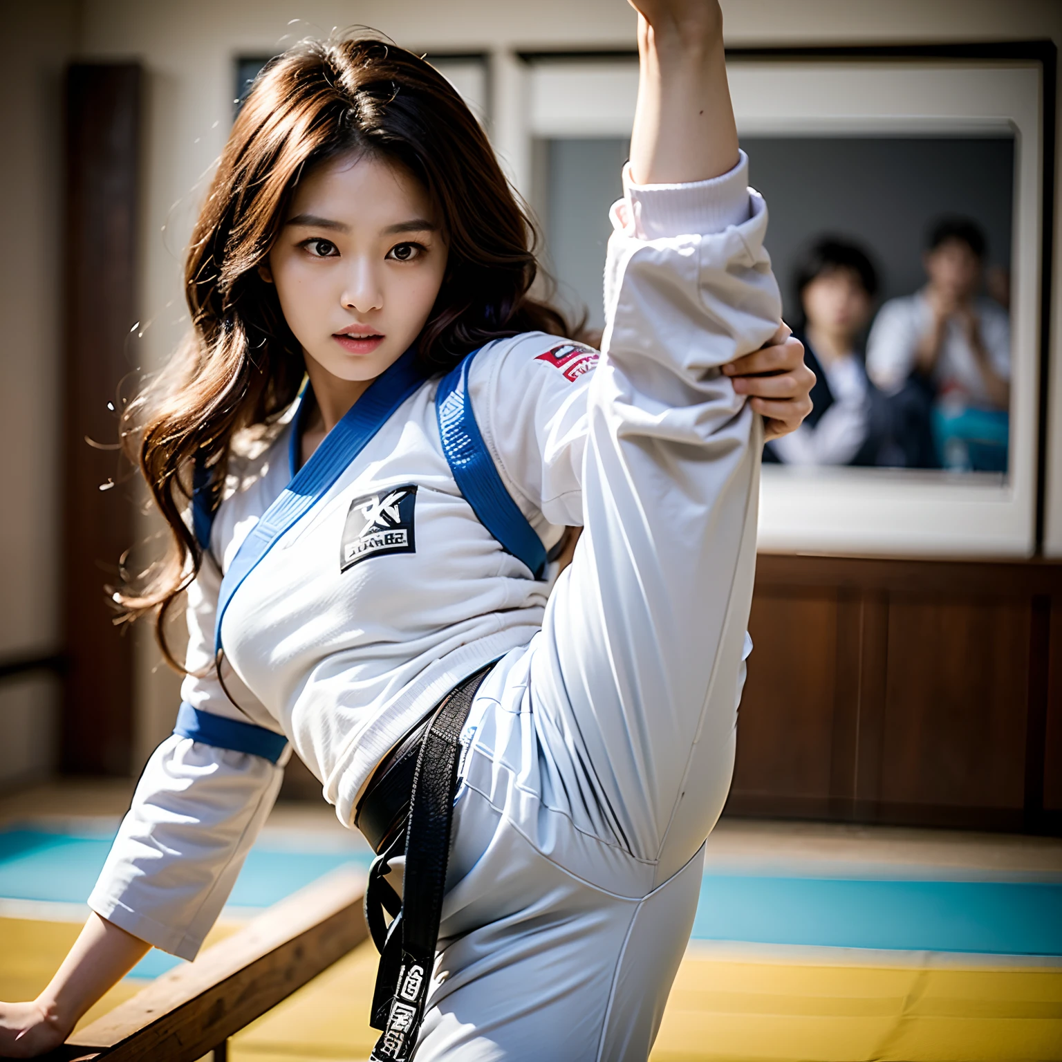 Korean Woman, (( At the taekwondo dojo (Wearing long pants) Woman with front kick)), ....................... ............raw, UHD, 8K, (Full Shot Shooting:1.1), long curly hair, highly detailed face, brilliant eyes