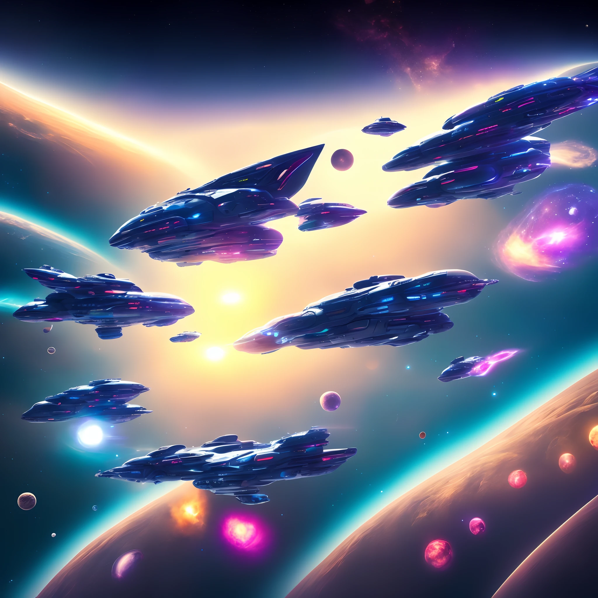 Futuristic space ships moving through outer space , planets, stars, galaxies in space bright colors of space , futuristic fantasy image
