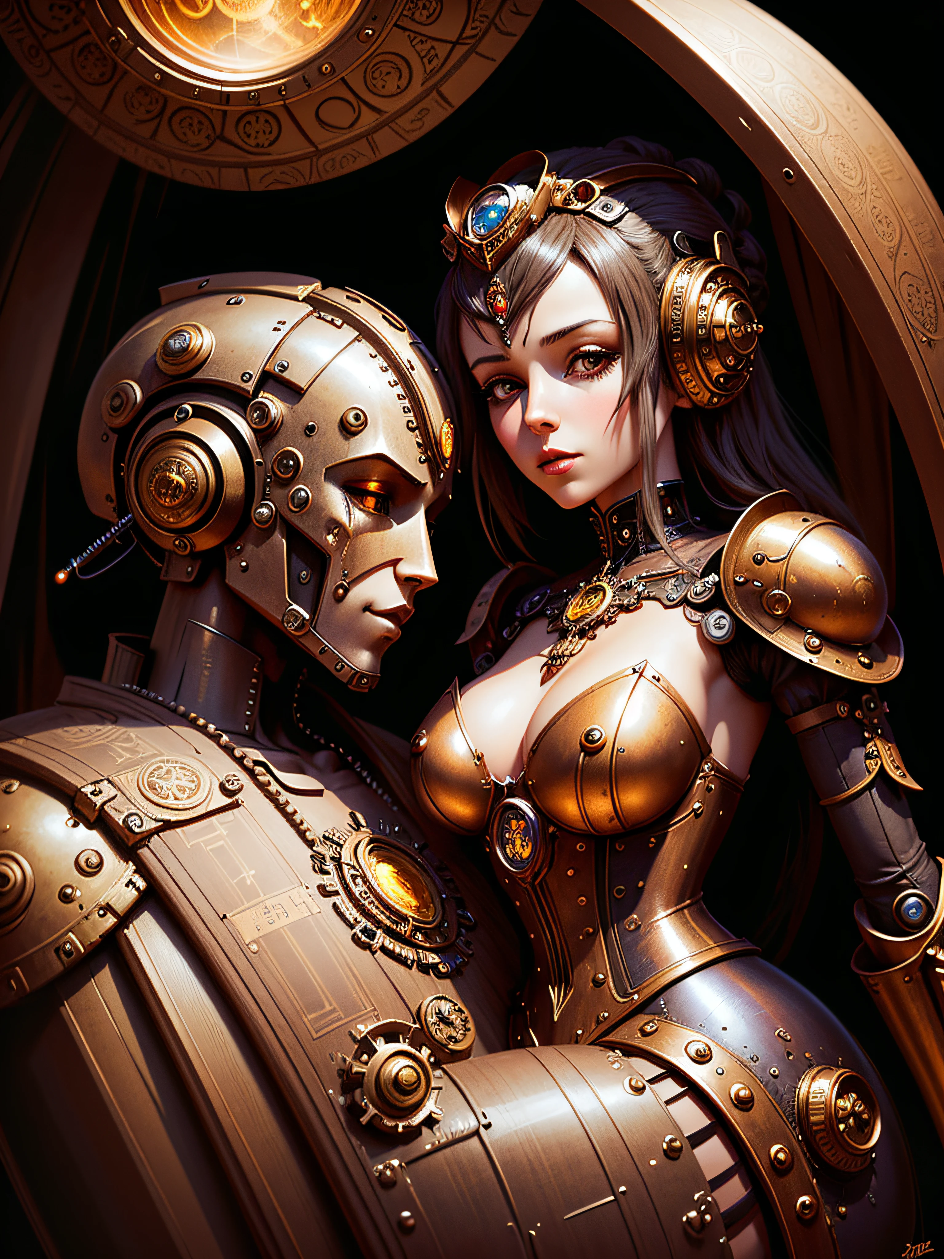 a Robot beautiful steampunk princess hugs a steampunk Robot, all in very detailed steampunk style, dynamic light, beautiful, H.R.Giger , Jules Verne, HZ Steampunk