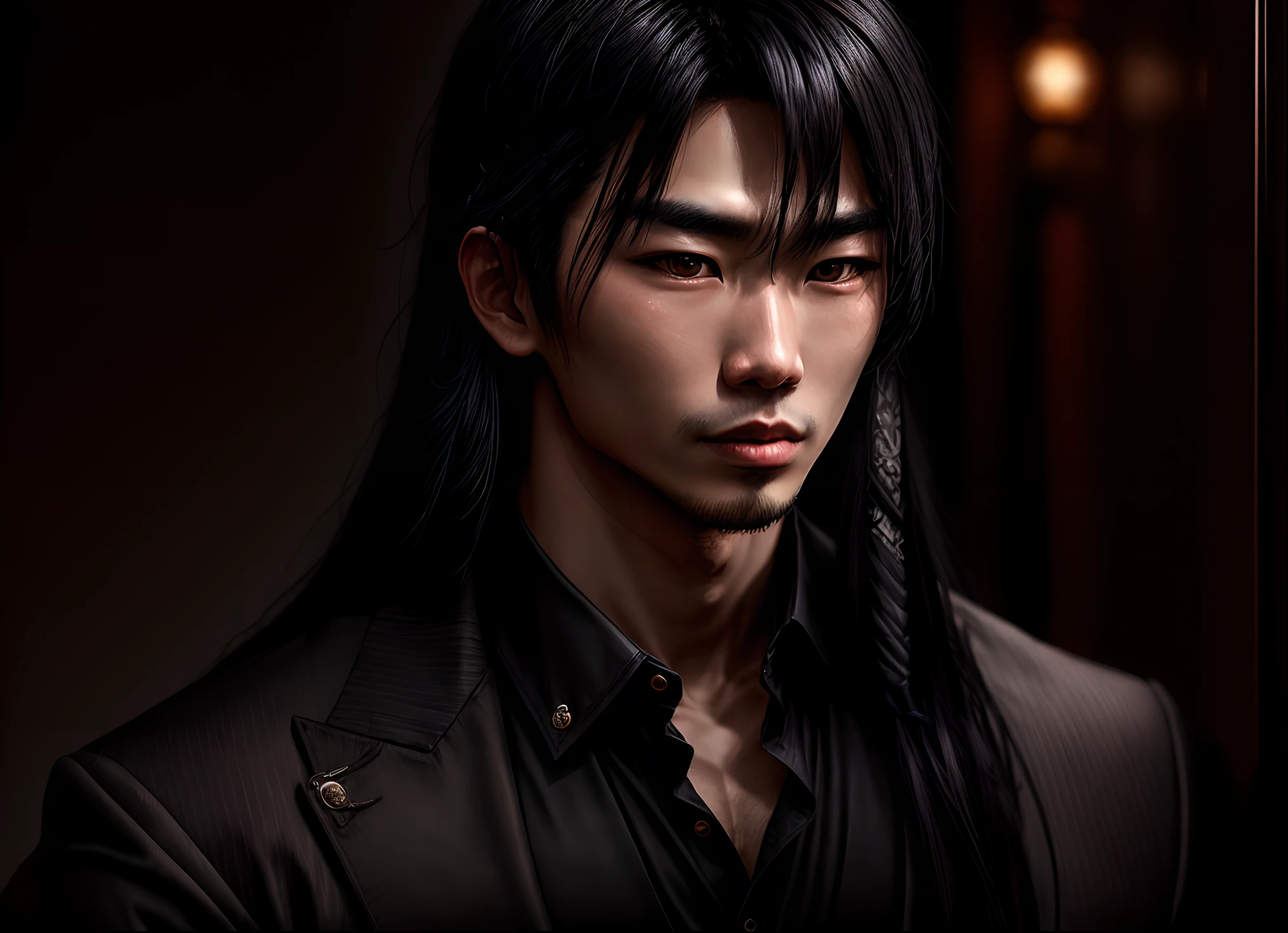 Attractive Asian man with sharp features with long black hair as a vampire