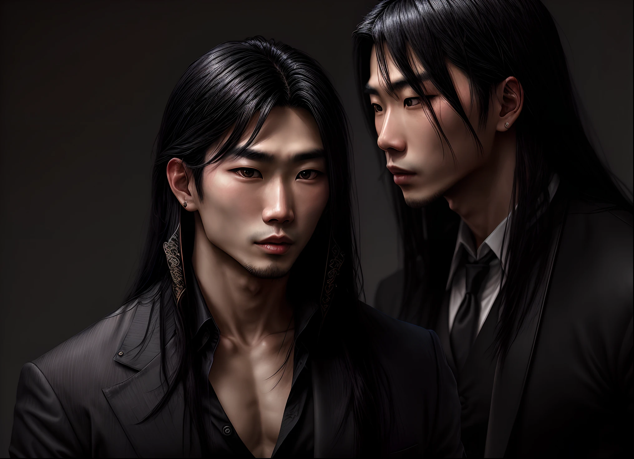 Attractive Asian man with sharp features with long black hair as a vampire