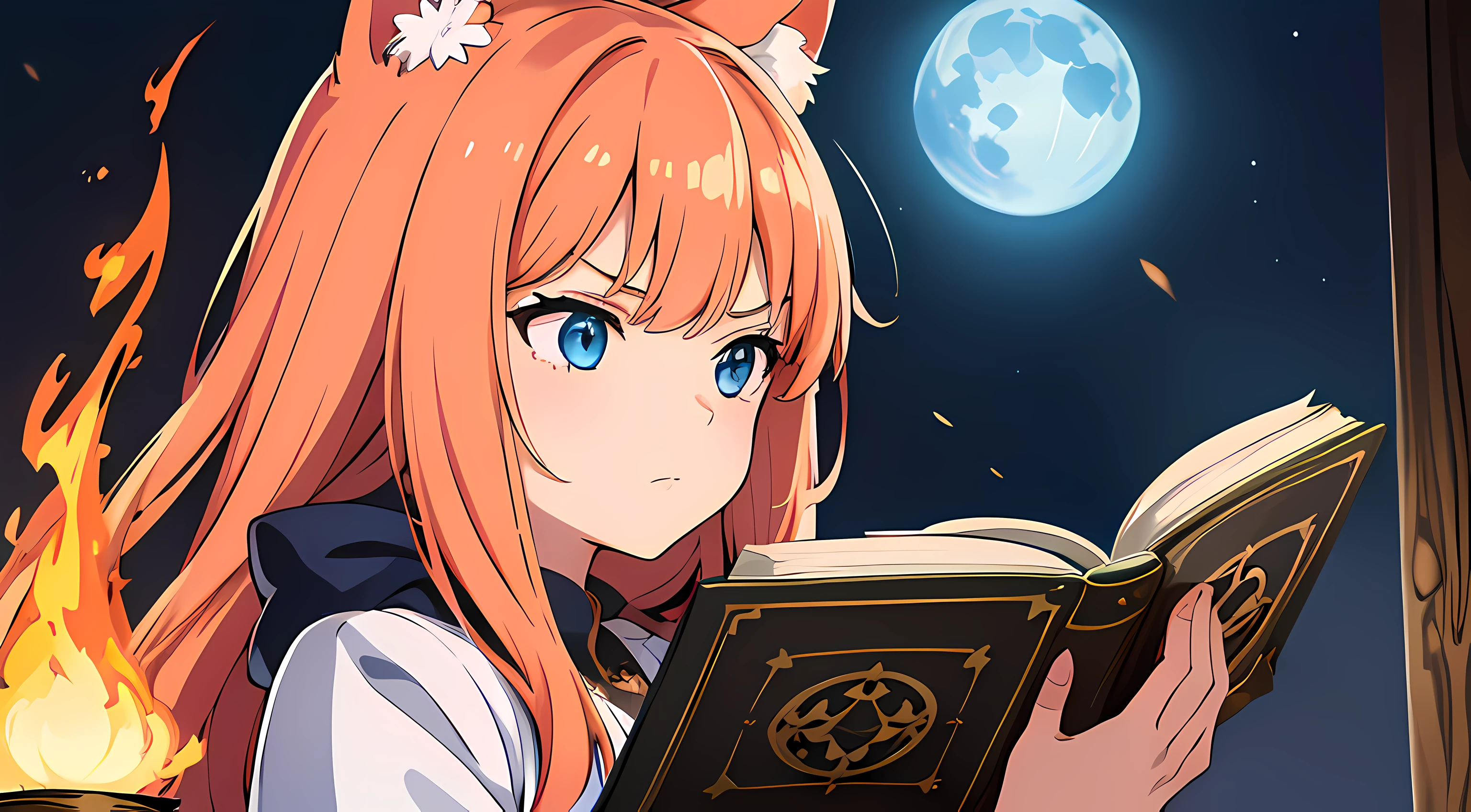 (1 nekomimi girl, without human ears),(beautiful eyes finely detailed, Face to detail, multi colored hair), wearing long dress witch outfit, angry facial expression, holding a magical book, she hold a book with flames coming out from her book while casting magic spell, at the library, The background is a magical circle in mahoutsukai no yome style, ​many magical particle in front of her, masterpiece, top-quality, detailed, High resolution illustration
