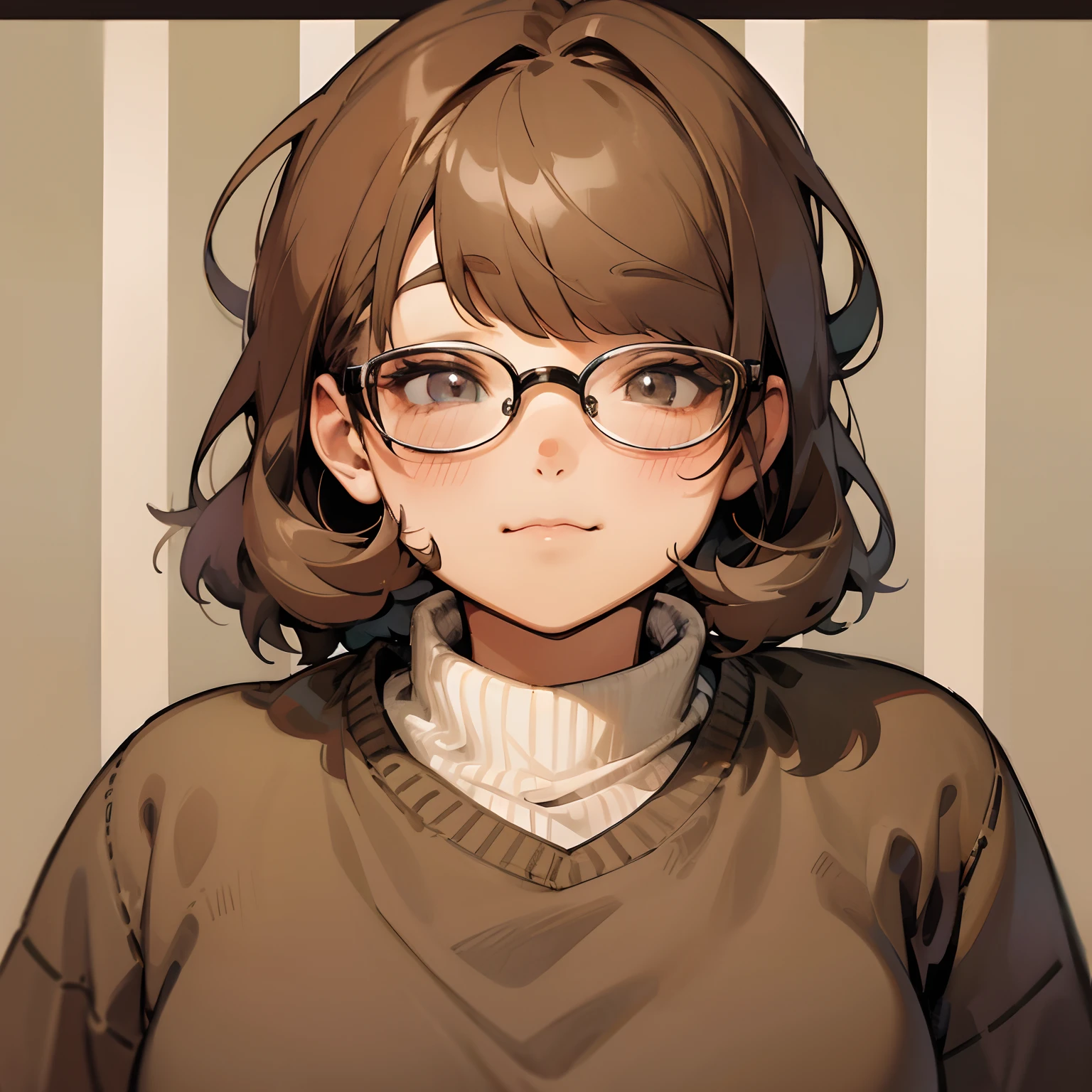 chubby person looking at camera, androgynous features and wearing glasses and a olive and brown striped sweater with a soft smile on their face. hair is wolf cut esque and dark brown. eyes slant down a little more