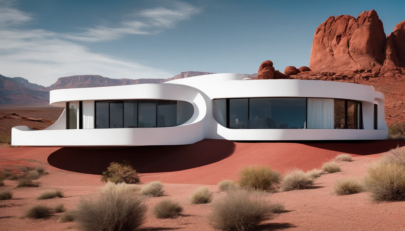 Curvilinear white house, black windows, red rock desert, clear sky, background mountains, 4K