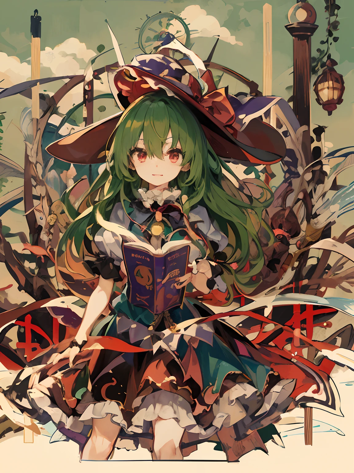 chica anime con el pelo verde y un sombrero sosteniendo un libro, Chica bruja mecanizada, Chica alquimista, Bruja brillante, Ilustraciones oficiales, Obra de arte oficial del proyecto Touhou, Desde Touhou, Desear, Chica bruja, Portada de novela ligera, Proyecto Touhou, /!\ La hechicera, Personaje de Touhou, coqueto anime bruja casting magia, anime fantasy illustration