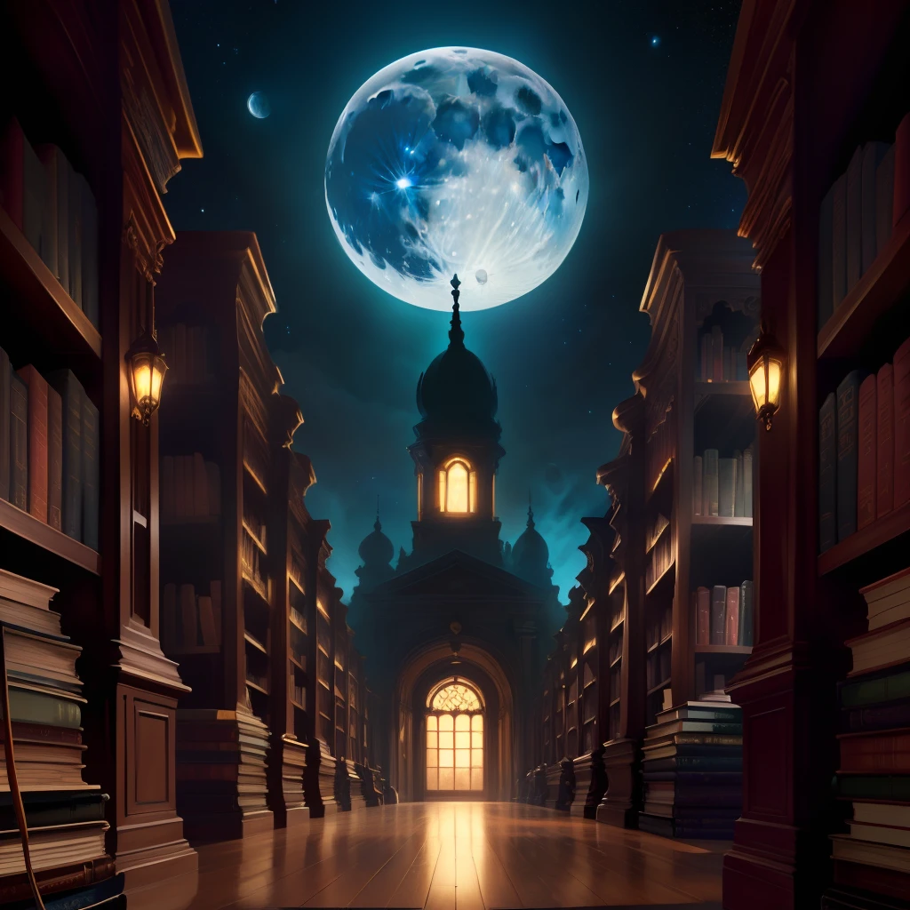 Majestic, library, fantasy, books, moon, stars