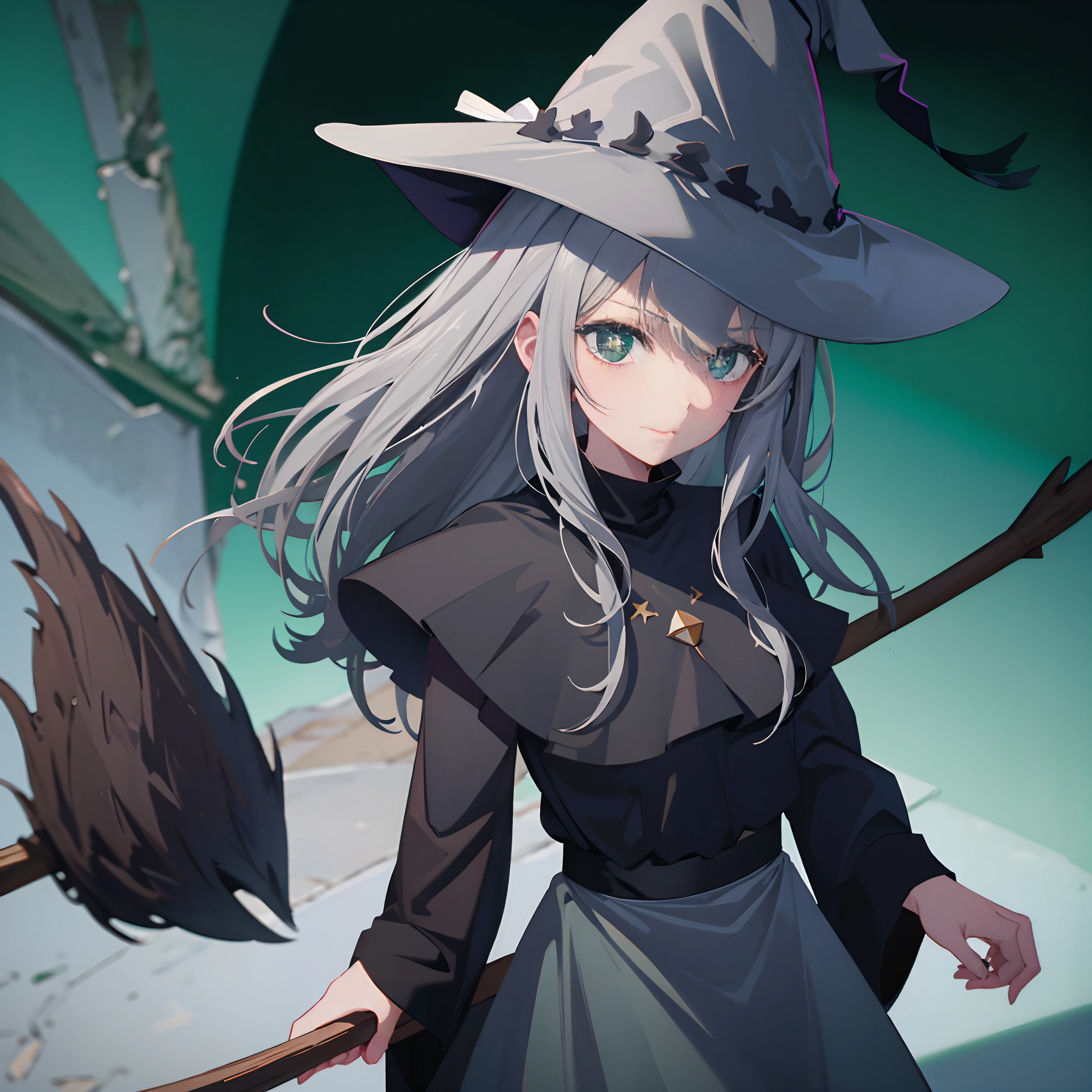 Gray hair, green eyes, witch hat, witch clothes,flying on broom