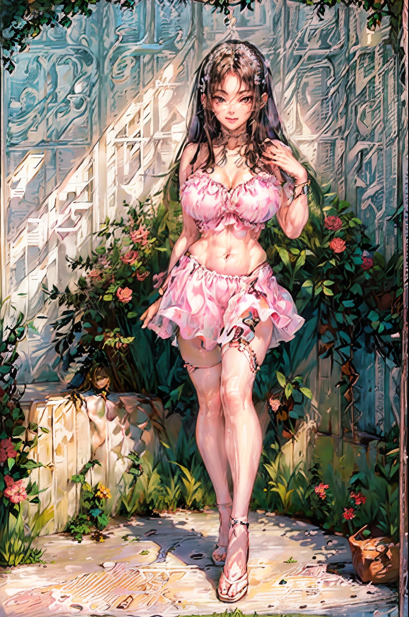 (best quality, masterpiece, best_quality, ultra-detailed, best anatomy, immaculate:1.3), (milf:1.28), (1girl), alluring face, smiling, winking, navel, thick thighs, wide hips, short hair, curvy, huge ass,  doll dress, (huge neckline), sky blue dress, (touching her hip with her left hand:1.2), NSFW