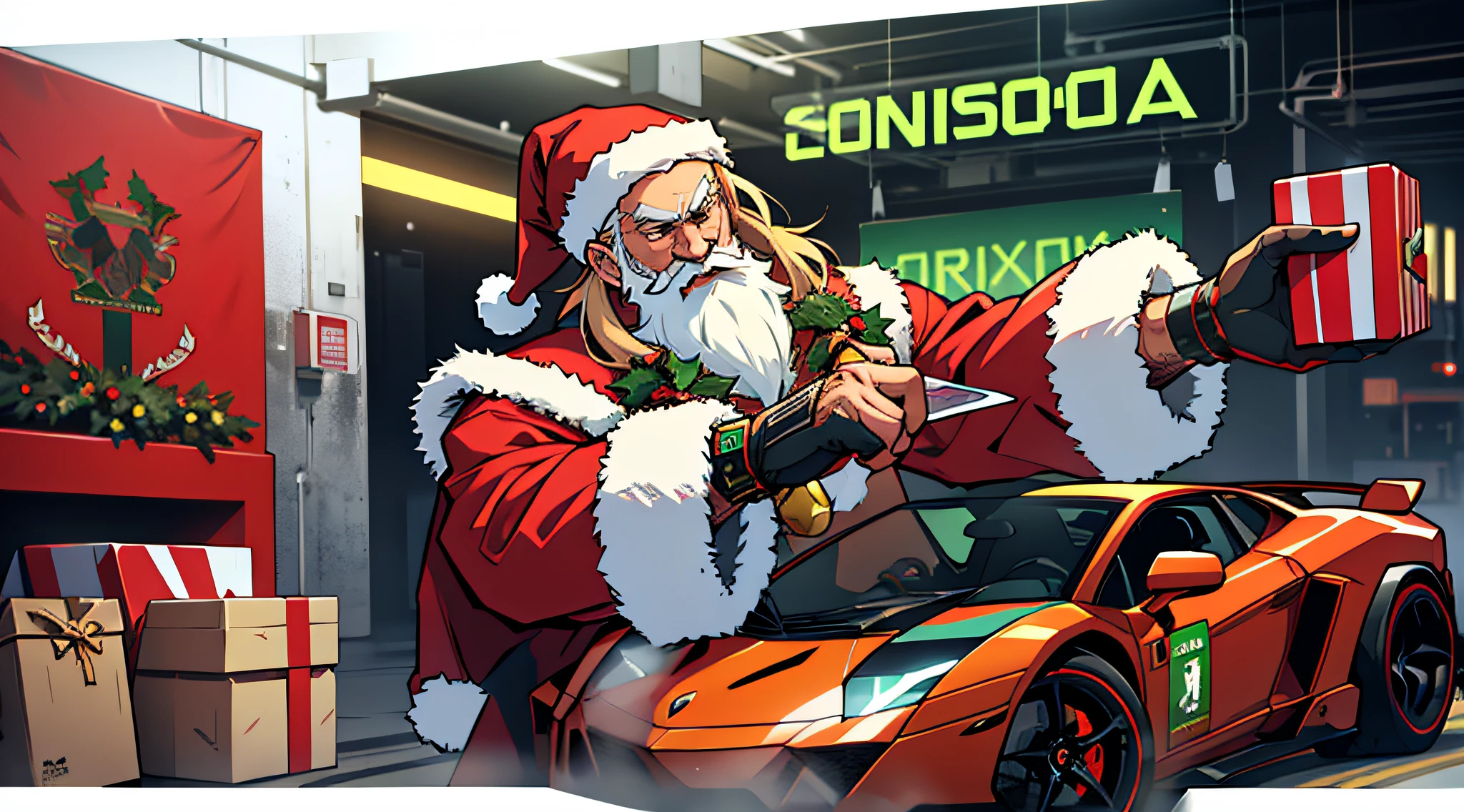 Christmas Sale Poster，Santa Claus drives a Lamborghini，cyber punk perssonage