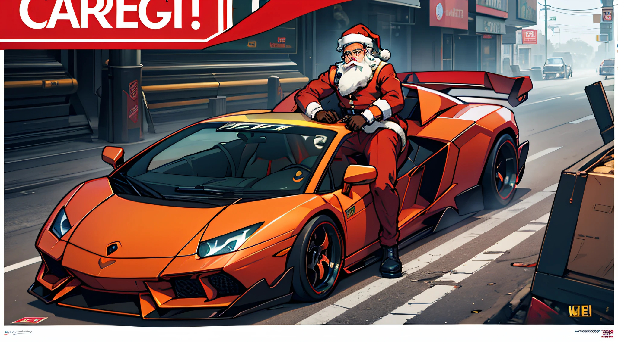 Christmas Sale Poster，Santa Claus drives a Lamborghini，cyber punk perssonage