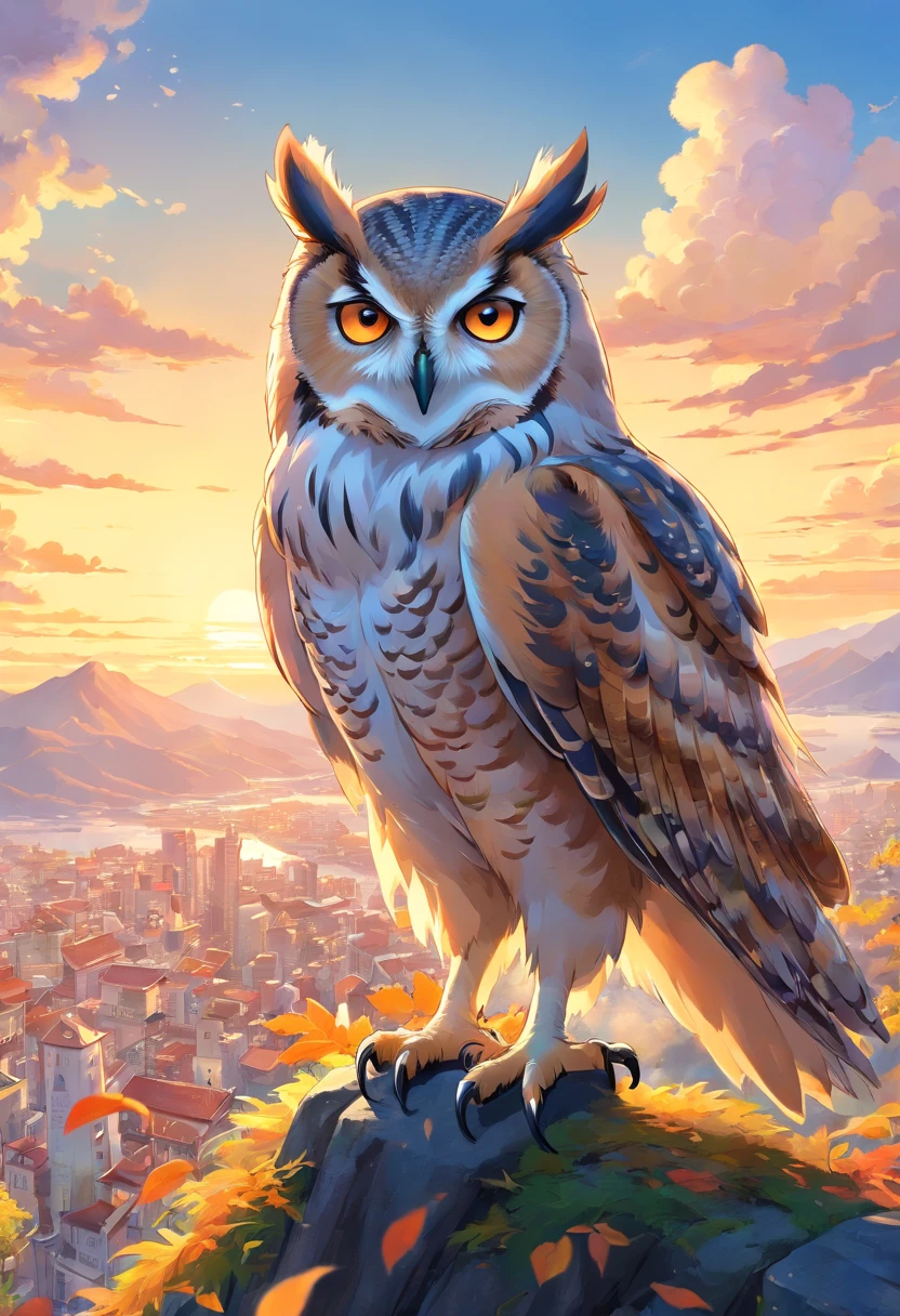 Best Quality,4K,8K,hight resolution,masutepiece:1.2),Ultra-detailed,(Realistic,Photorealistic,Photorealsitic:1.37),season for autumn,In the sky of autumn leaves,White owl flying in the sky,Beautiful detailed eyes,beautiful detailed plumage,Sleek and elegant appearance, sky with clouds ,Sharp Focus,Blue-white color palette,Soft natural lighting,Impressive contrast between owls and surroundings,Subtle details of the owl's beak and claws,feathery texture,Quiet autumn atmosphere,Quiet silence and serenity,Ethereal and magical atmosphere,Sensation of subtle movements in the posture of an owl,Impeccable execution of owl feathers,Subtle shadows and highlights of owl feathers,Peaceful and serene atmosphere, Mountain at sunset, a futuristic city in the desert as background, low clouds cover mountain, realistic+high intricate details, colorful clothing