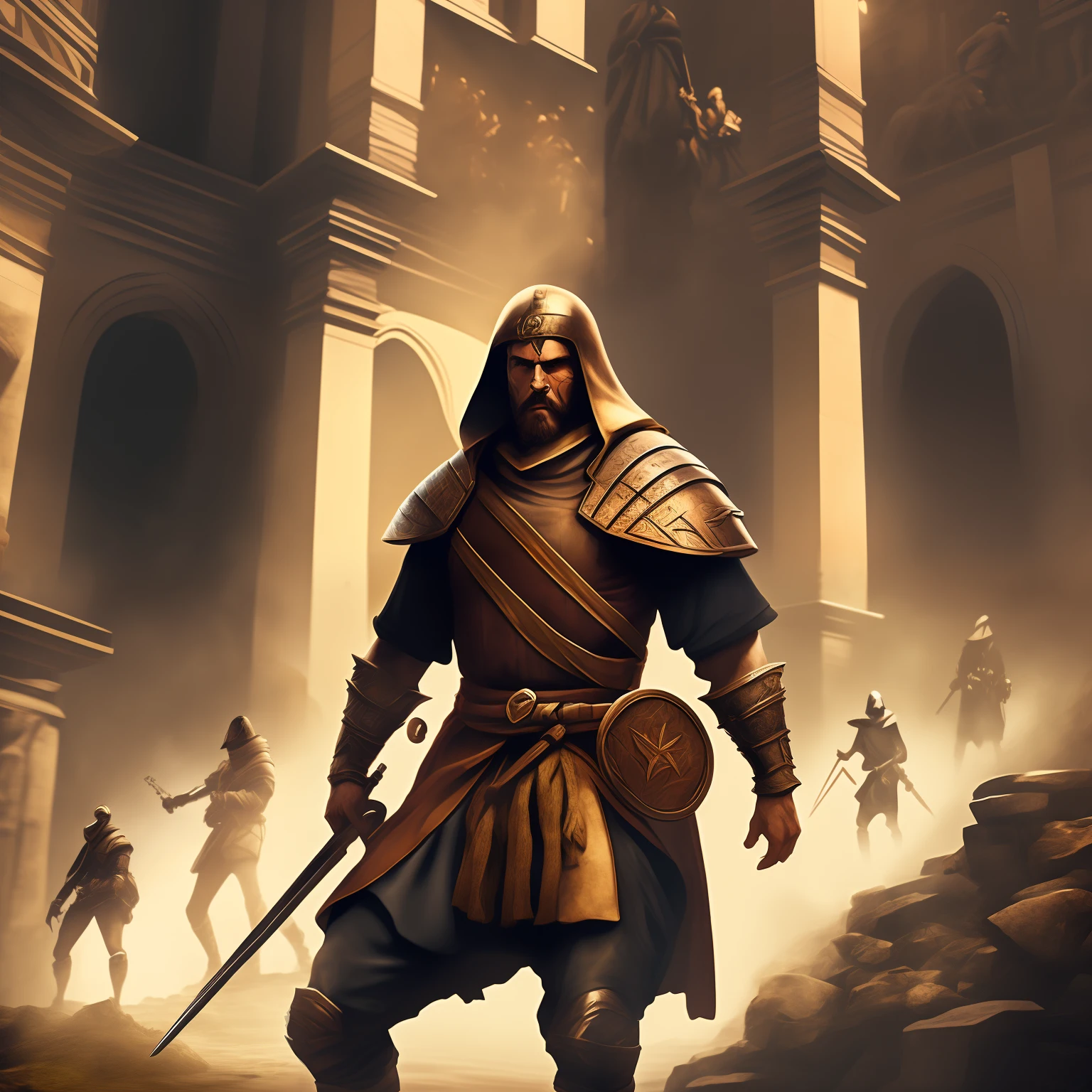 game cover, team in action, 4 characters, movie style, medieval, minimalist, action, no name, no watermark, 4K, Rome empire --auto --s2