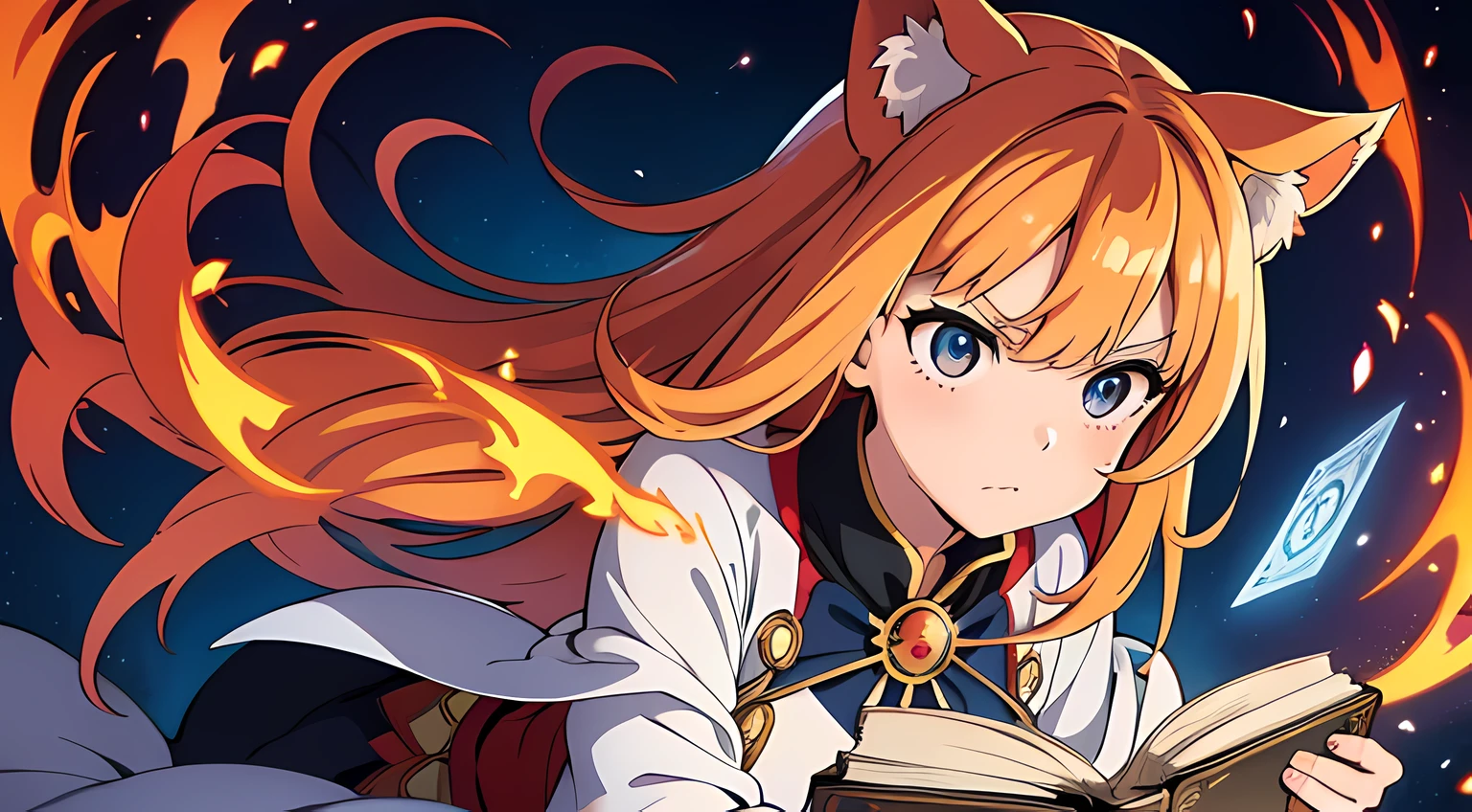 (1 nekomimi girl, without human ears),(beautiful eyes finely detailed, Face to detail, multi colored hair), wearing long dress witch outfit, angry facial expression, holding a magical book, she hold a book with flames coming out from her book while casting magic spell, at the library, The background is a magical circle in mahoutsukai no yome style, ​many magical particle in front of her, full body masterpiece, top-quality, detailed, High resolution illustration