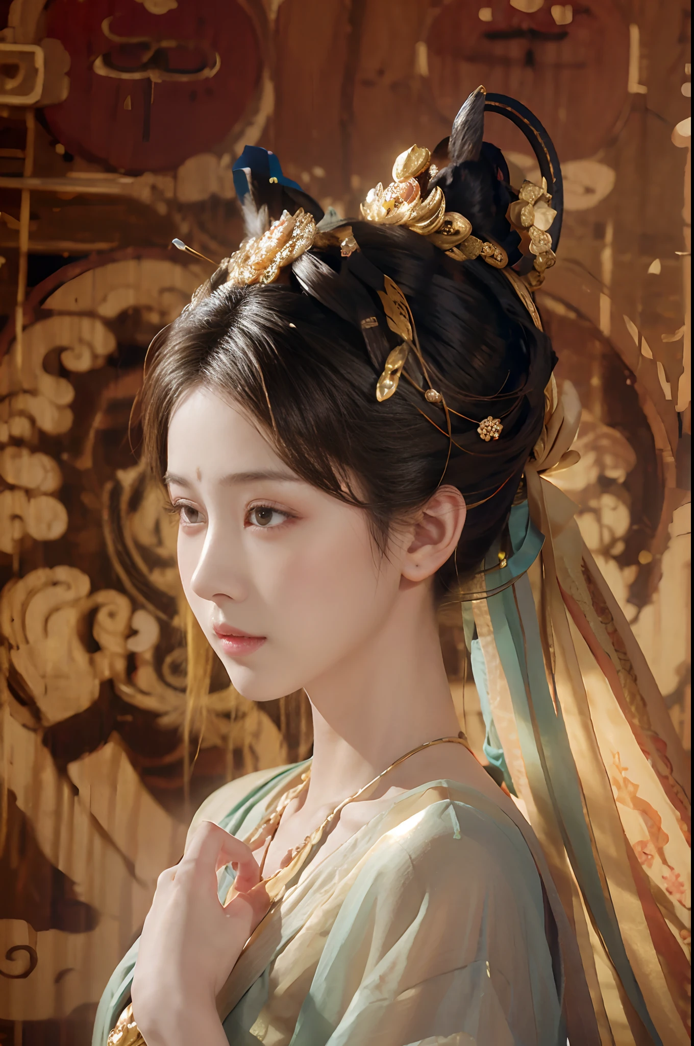 Dunhuang girl，Brilliant light and shadow，God girl，Antique antique hairstyles，Comb the shape in the middle，Firm color