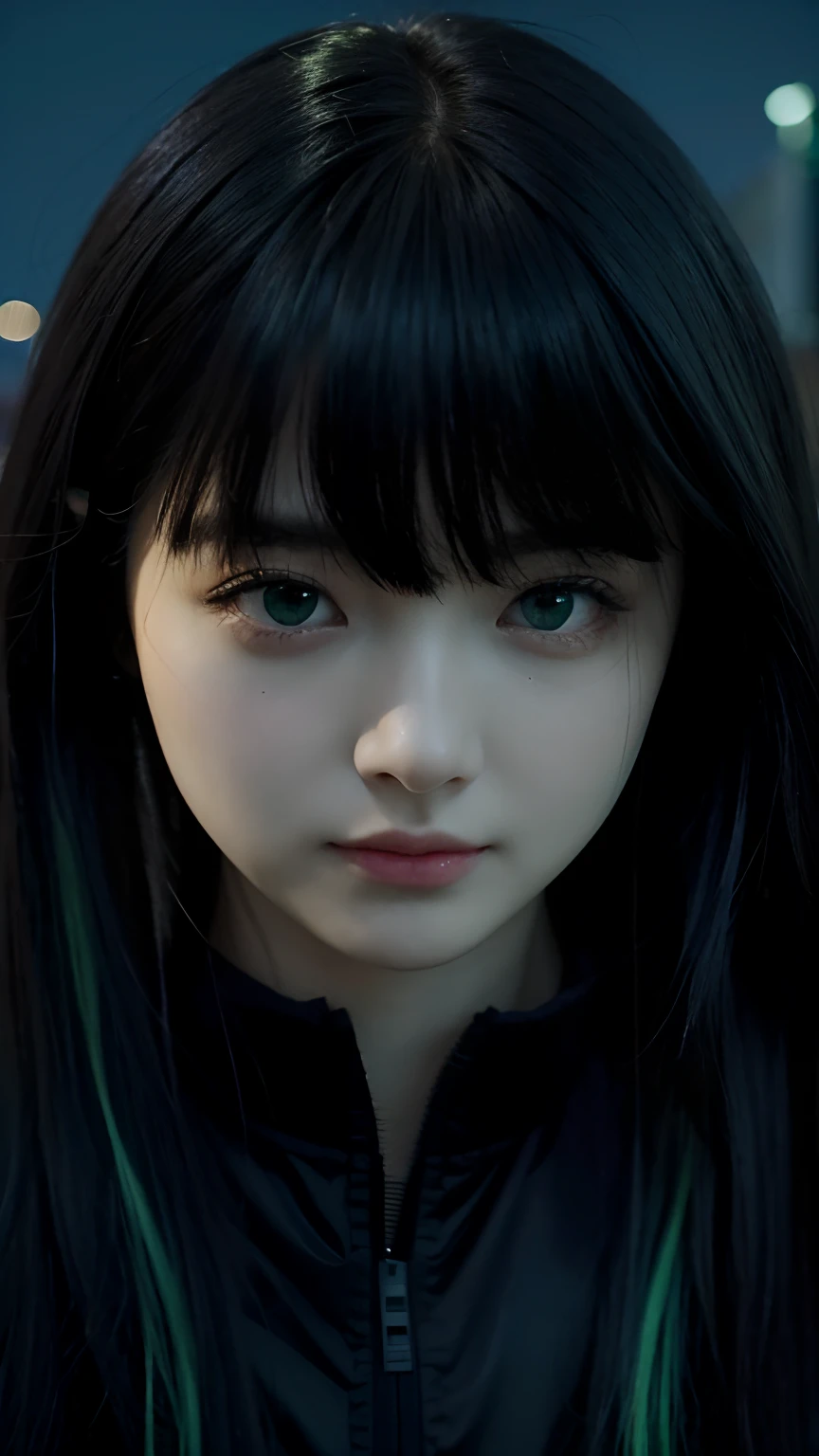 A girl with realistic black and green long hair, exact same hairstyle, realistic green eyes, realistic Korean beautiful face, realistic cool expression,Adapt exact clothing, realistic night light, realistic shadows, realistic backgrounds, realistic outdoors