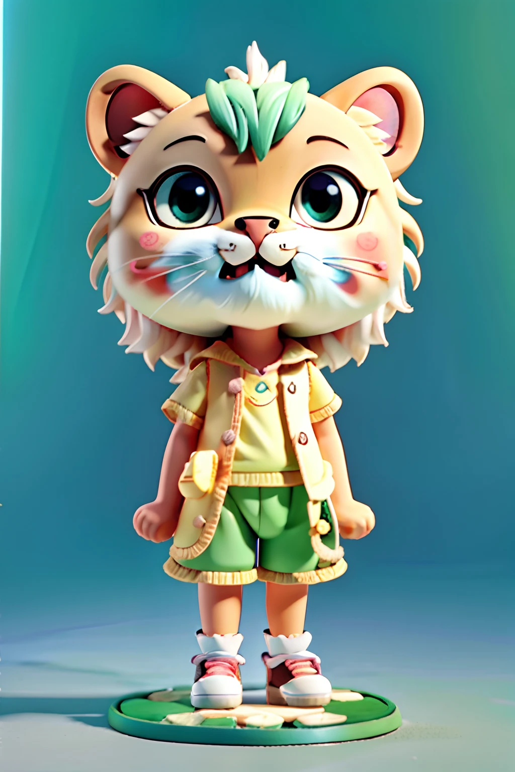 A cute lions wearing shorts,looking at the camera standing natural and full. bubble mall style, clean and concise design,IP blind box image high-end naturalcolor matching,bright and harmonious,lovely and colorful, detailed character design,behavior, Shanghai style, organic sculpture C4D stvle.3D animation style character design, cartoon realism,interesting character setting,Light tracing,children's book illustration style.--s 750 --niii 5--ar 3:4