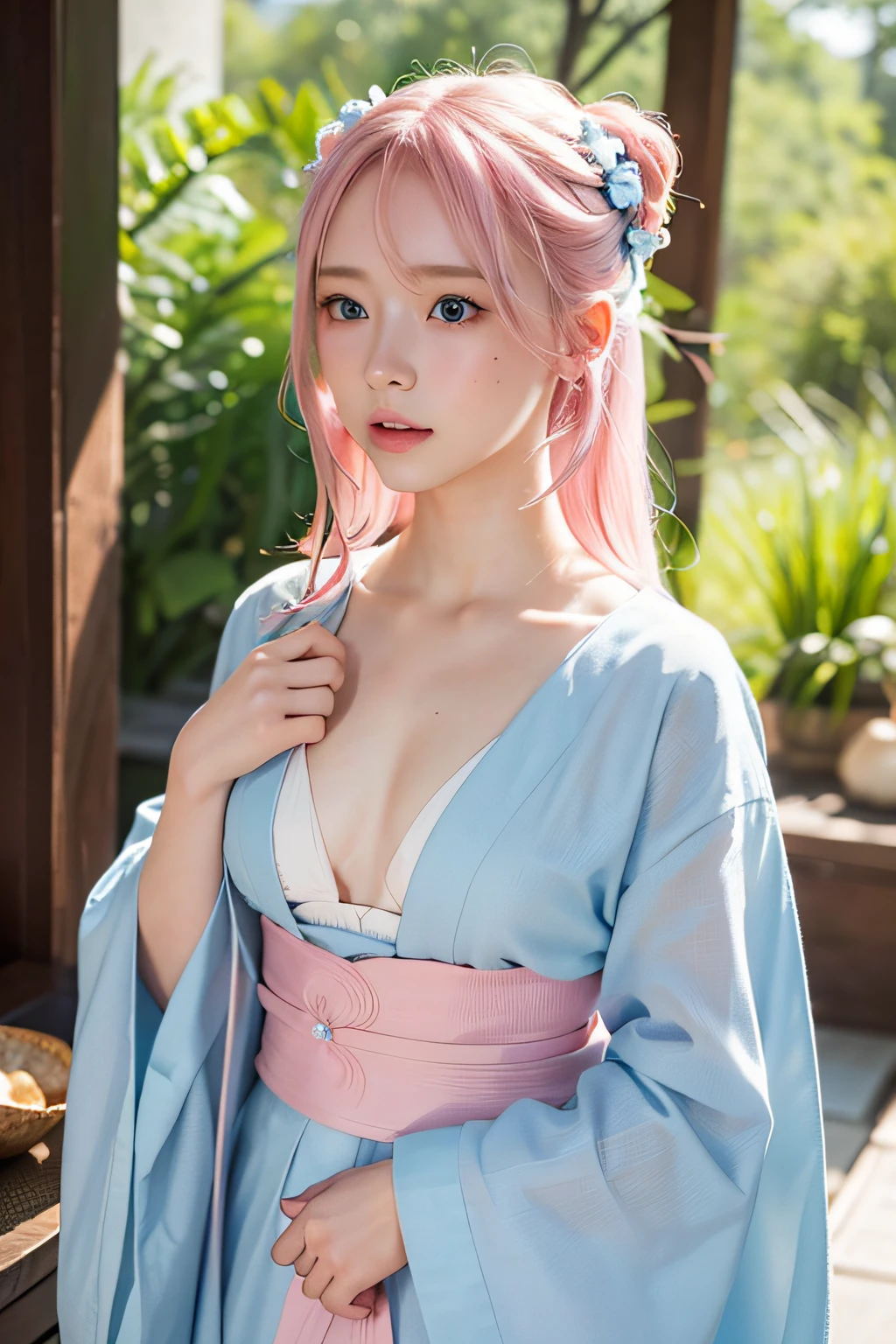 (8k, RAW photo, best quality, masterpiece), (realistic, photo-realistic:1.2), ultra-detailed, 1 girl, cute, solo, beautiful, nose blushing, soft mouth, beautiful detailed Blue eyes, blue eyes, average body, floating pink hair, pink hair, 2 buns, GIRL,FEMININE, ultra-fine details, intricate scene, ambient lighting, soft glow, elegant, symmetrical facial features, accurate anatomy, anatomically correct girl, scenic, gossamer, ethereal, gentle, mild, wise, shy, pink hair, blue eyes, wearing full festival Kimono, standing